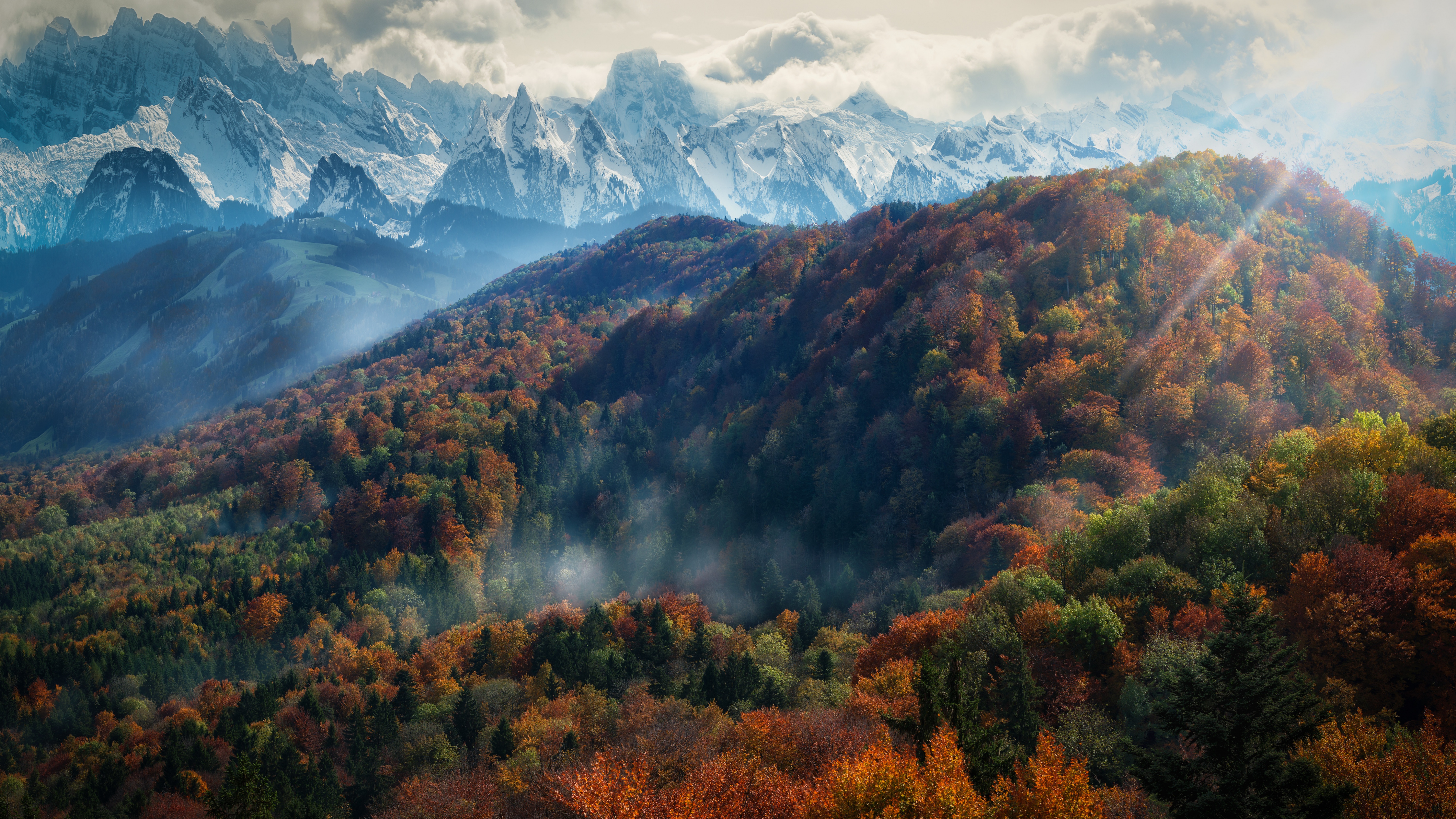 Alps mountains Wallpaper 4K, Autumn, Snow covered