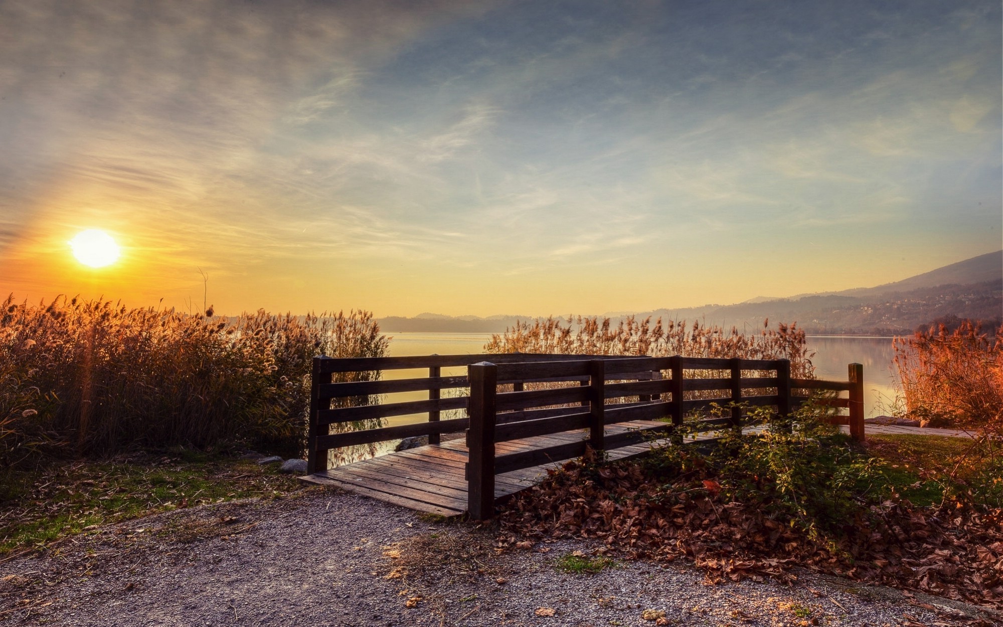 nature, Landscape, Lake, Sunset, Bridge, Shrubs, Path, Clouds, Sky, Italy, Hill, Europe, Fall Wallpaper HD / Desktop and Mobile Background