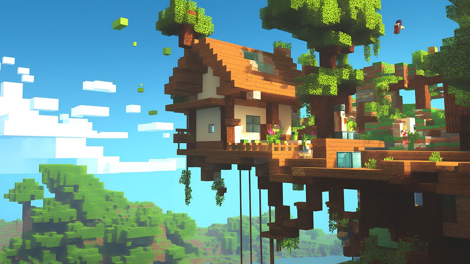 Minecraft Cute House Floating Island Desktop Wallpaper