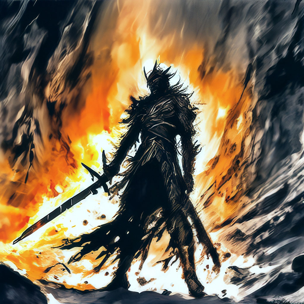 Fume Knight, Dark Souls II, dynamic pose, big fiery sword, cave of ashes, digital art, drawing style, black outline