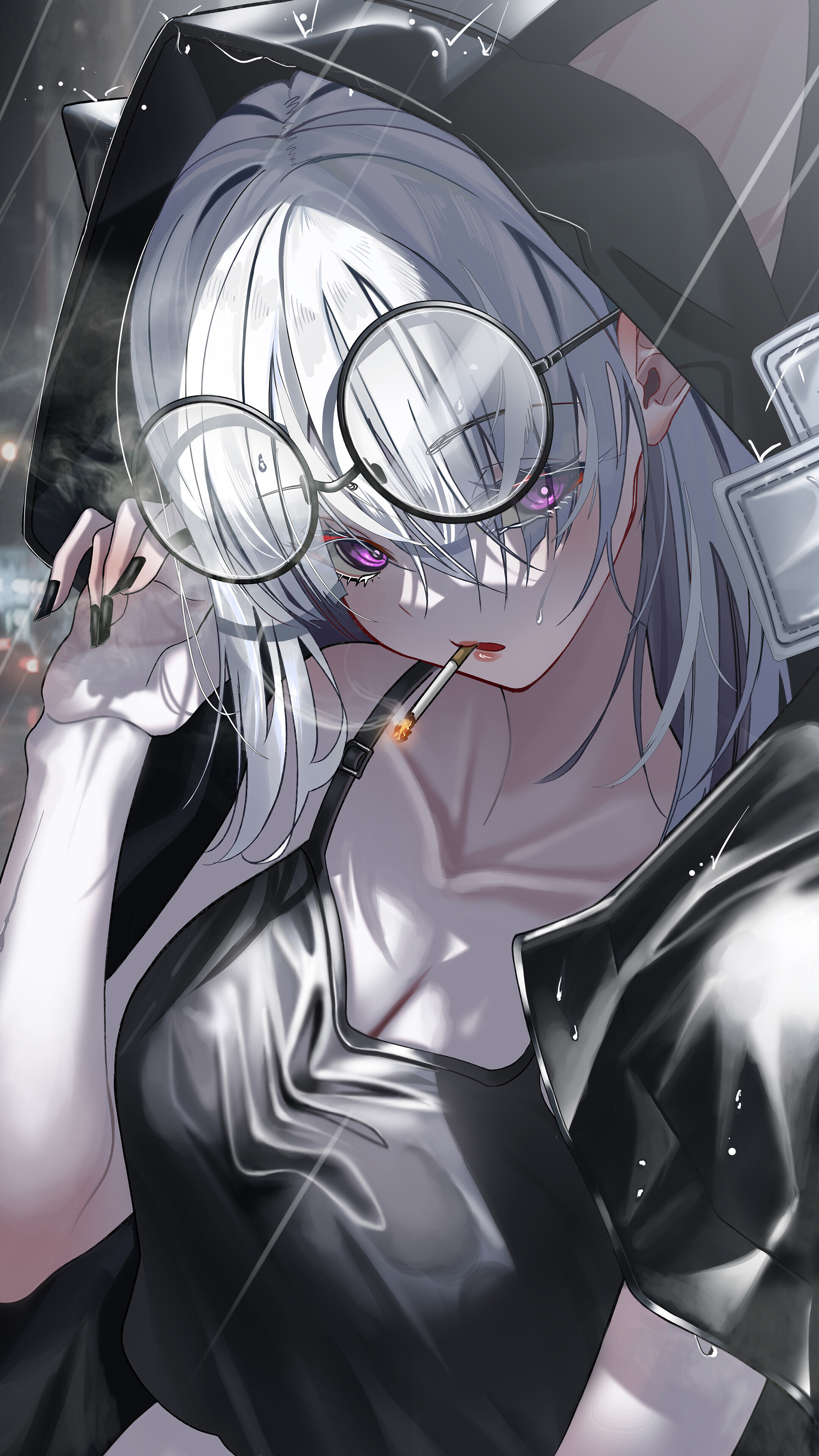 Anime Girl with Glasses Smoking White Hair 4K Wallpaper iPhone HD Phone h