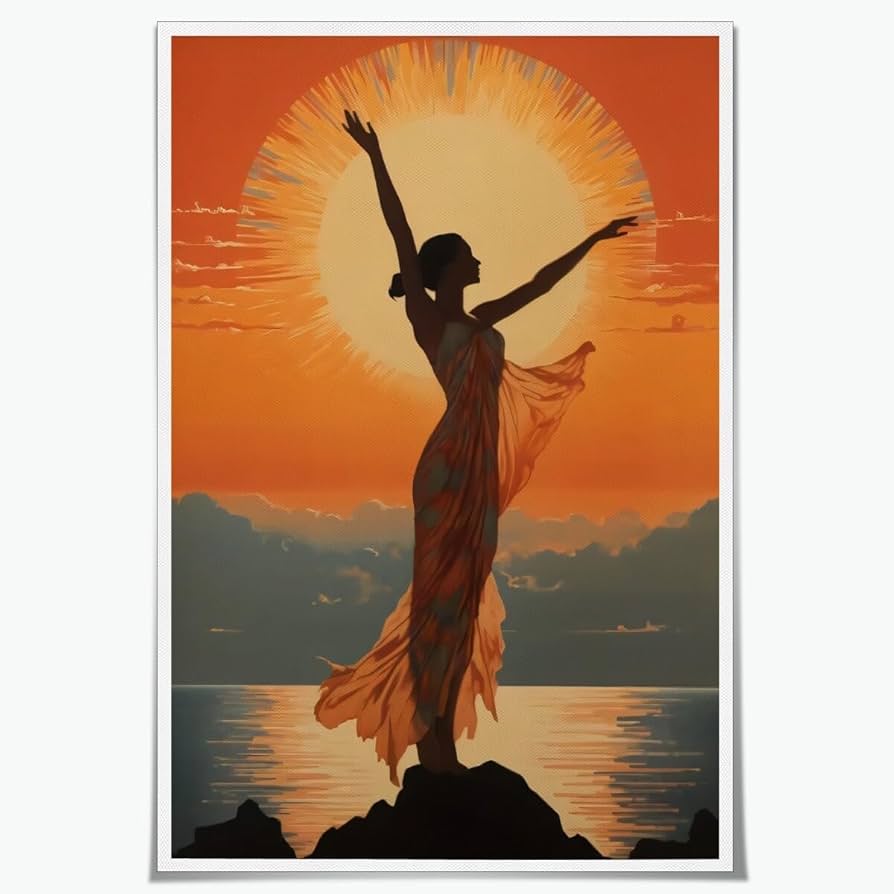 Art Deco Art Nouveau Print Girl Sea and Sunset 1920s Wall Art Poster Print Orange and Black Vintage Style Home Decor Roaring Twenties Wall Art Decor Print Picture Poster Unframed20x30inch: Posters