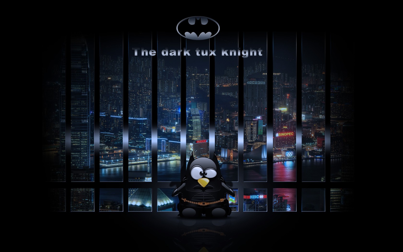 The Dark Tux Knight: A Humorous HD Wallpaper of Tech in the City