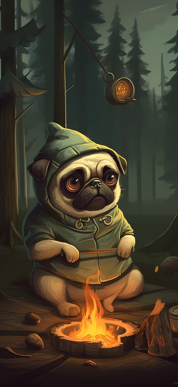 Pug Phone Wallpaper iPhone & Android: Pug in Green Sweater by Campfire -Generated