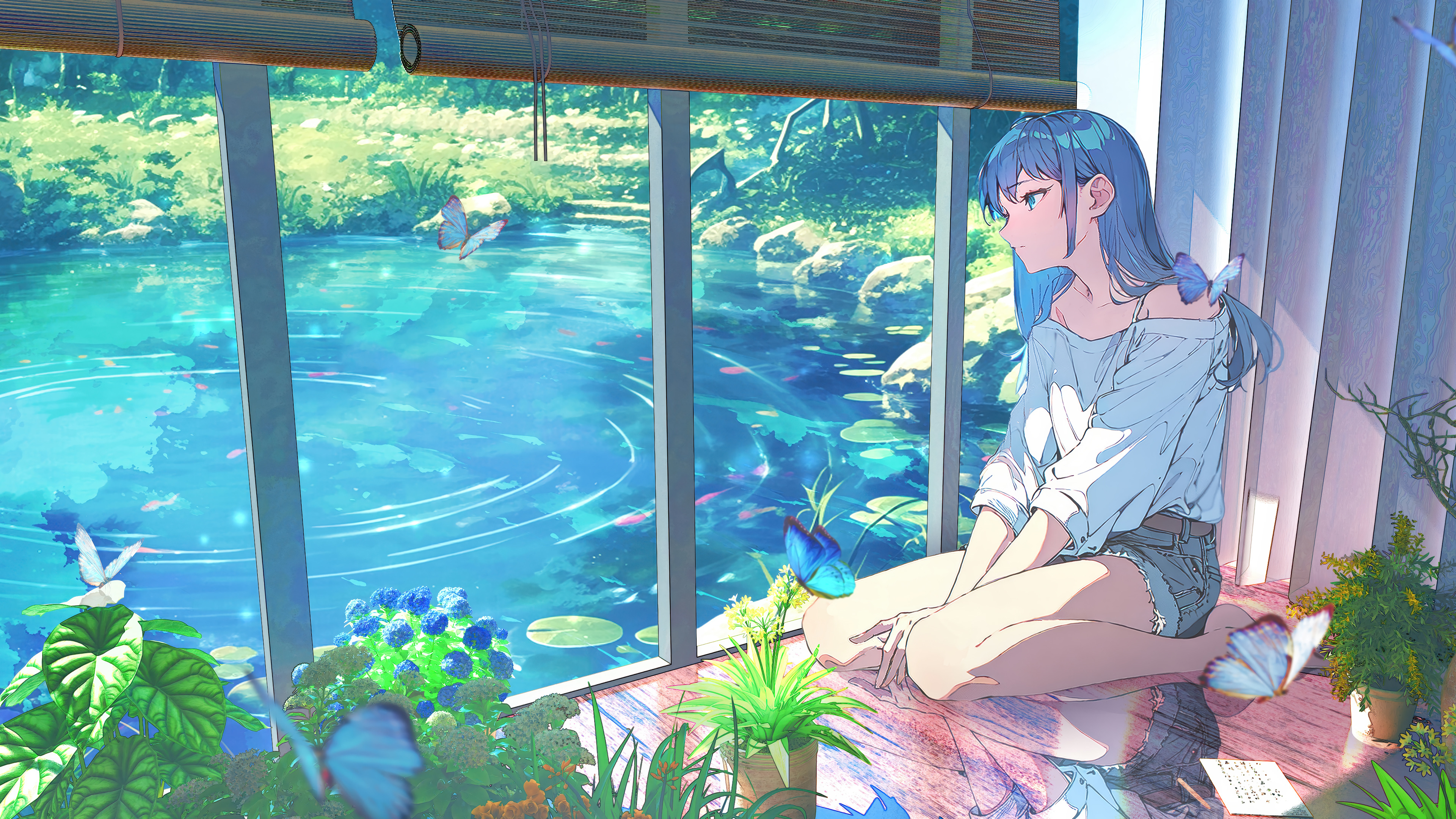 Anime Girl Blue Hair Nature Pond Butterfly Wallpaper 4K HD PC b