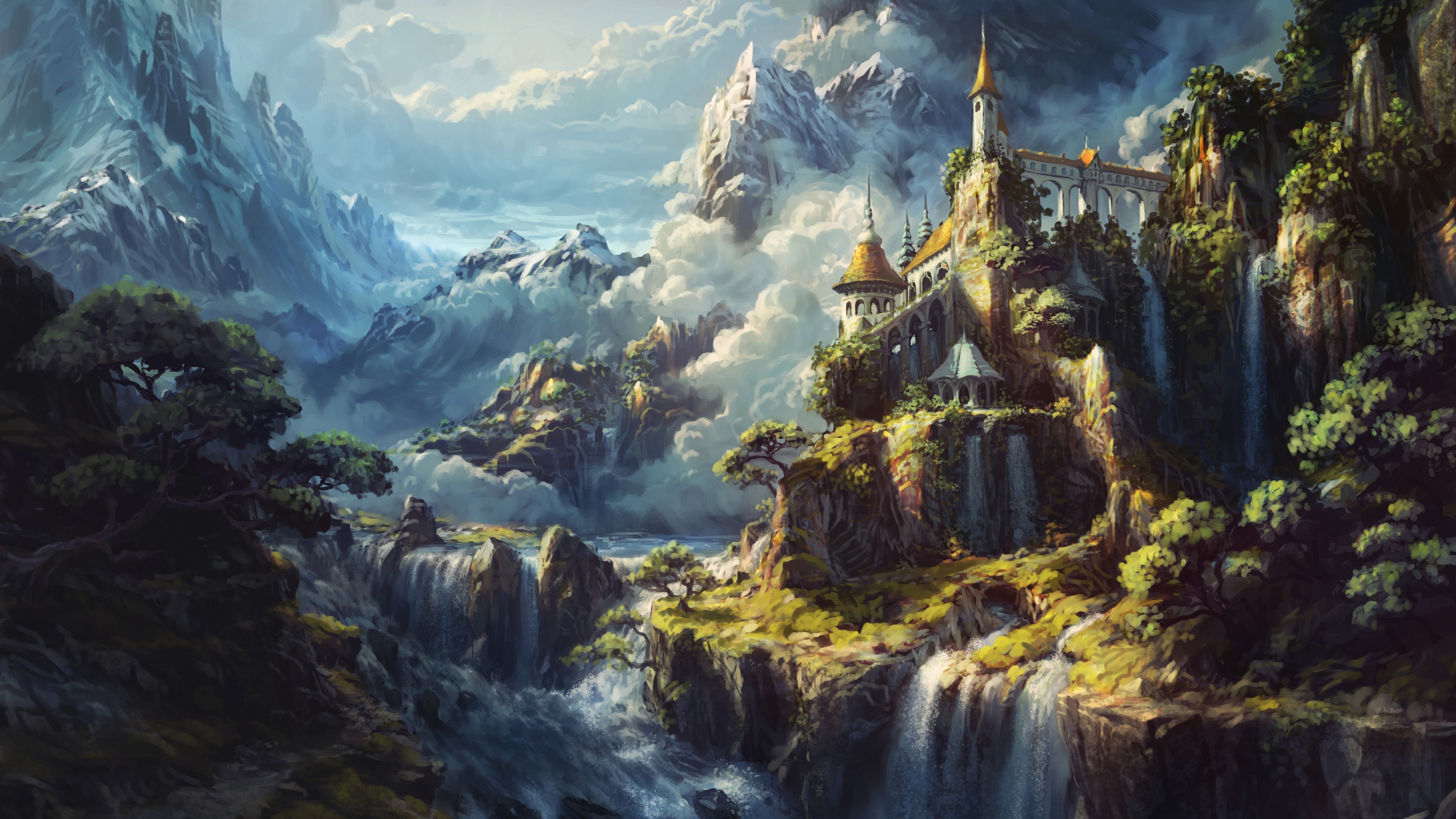 Anime Castle Nature River Trees Mountains 4K 5K HD Anime Wallpaper