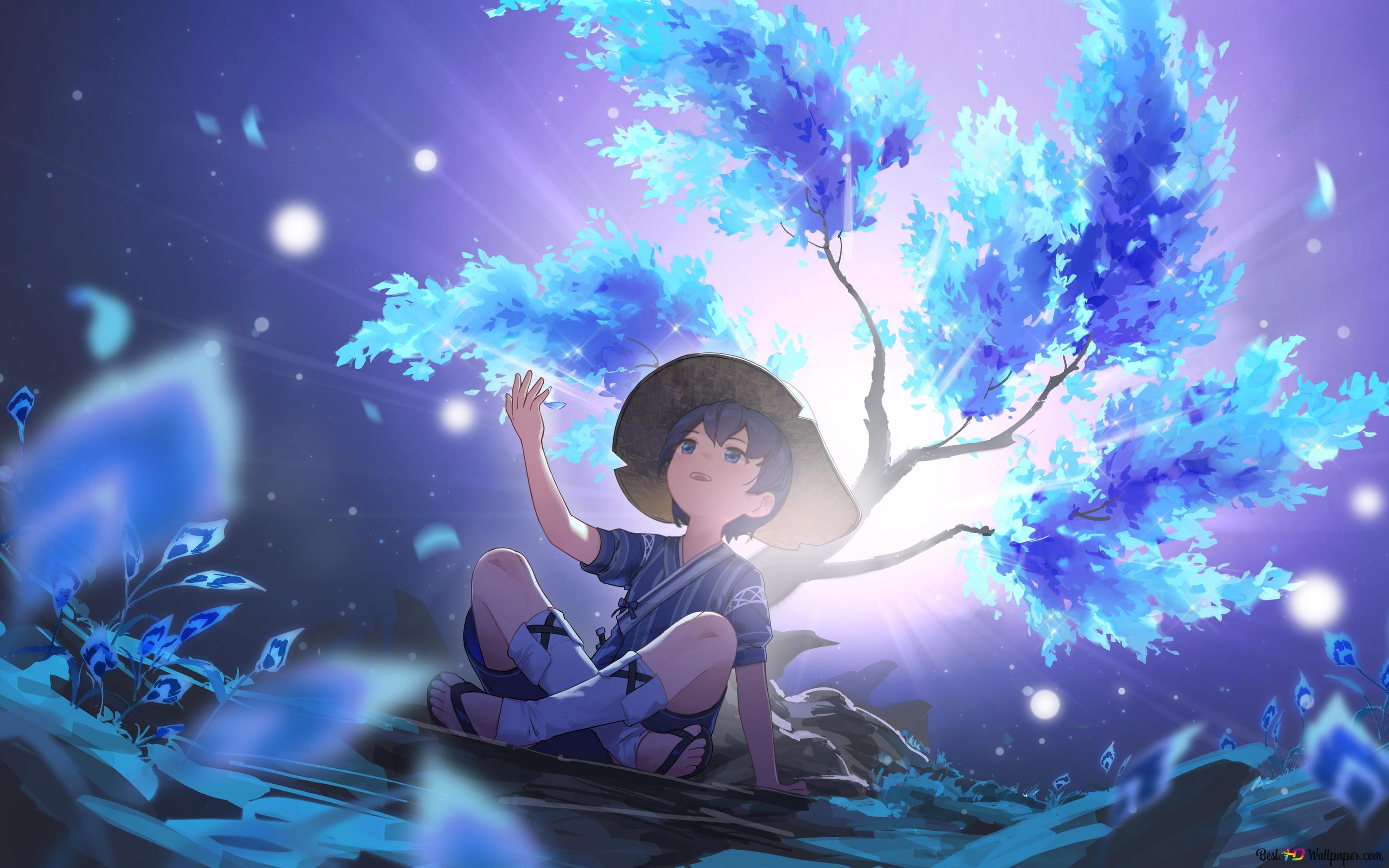 Cute anime boy joying nature's beauty. Genshin impact 4K wallpaper download