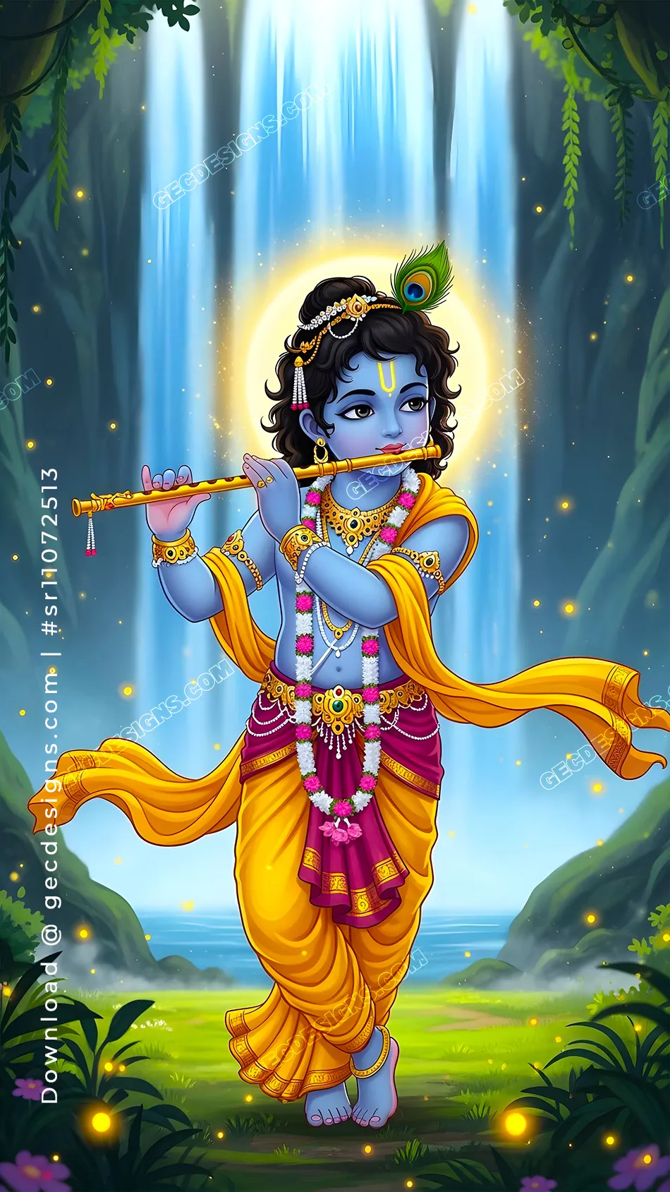 Cute Lord Krishna iPhone Wallpaper with Flute and Waterfall Background in 4K for Janmashtami