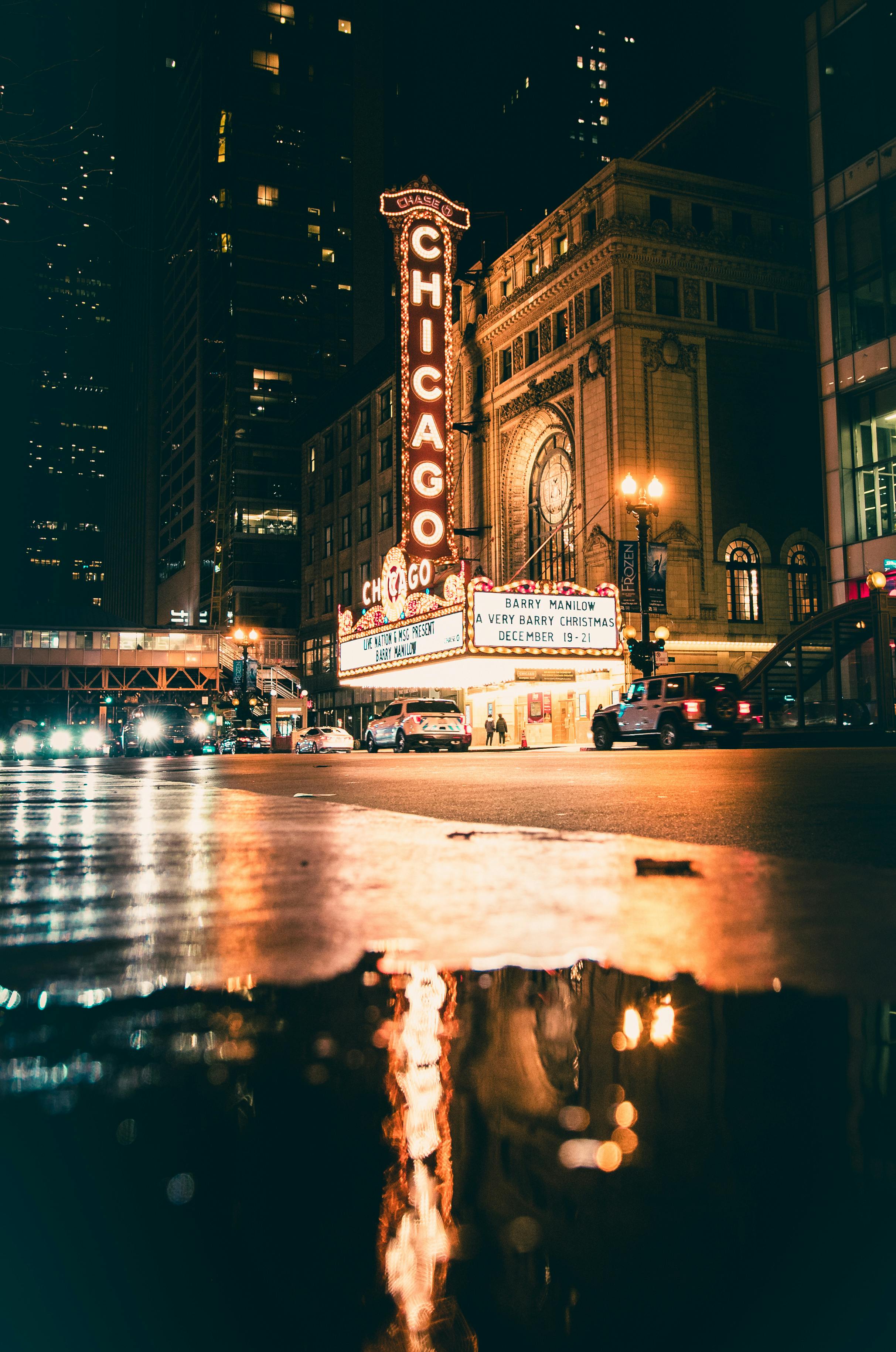 Low Angle Shot Of Chicago Theatre At Night · Free