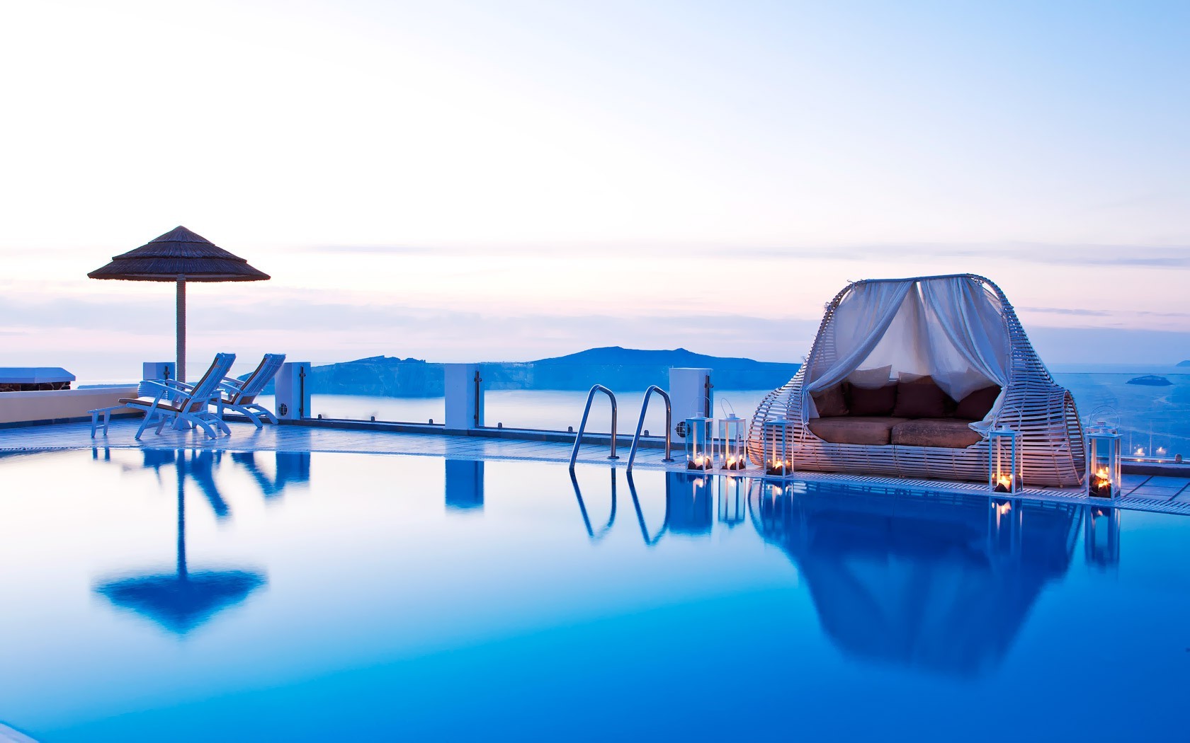 swimming Pool, Greece, Water, Evening, Hill, Landscape, Deck Chairs, Reflection Wallpaper HD / Desktop and Mobile Background