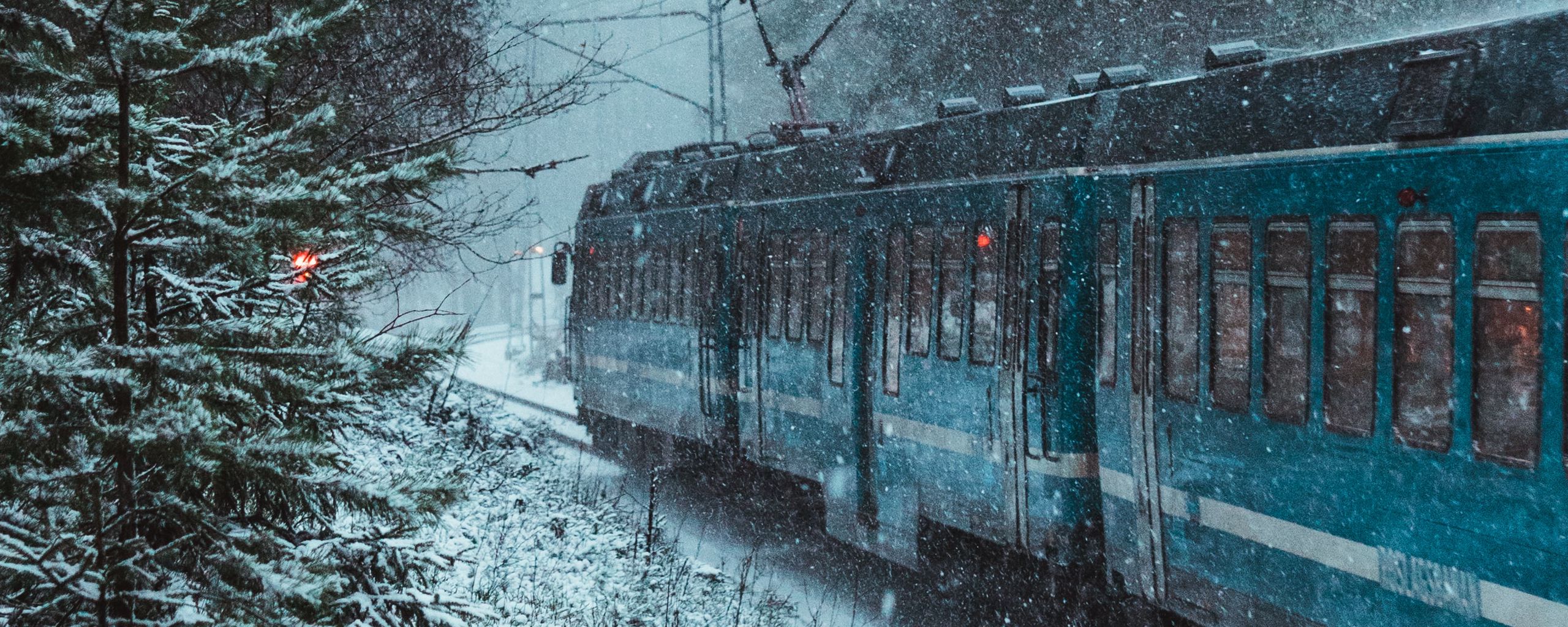 Download wallpaper 2560x1024 train, snow, forest, winter ultrawide monitor HD background