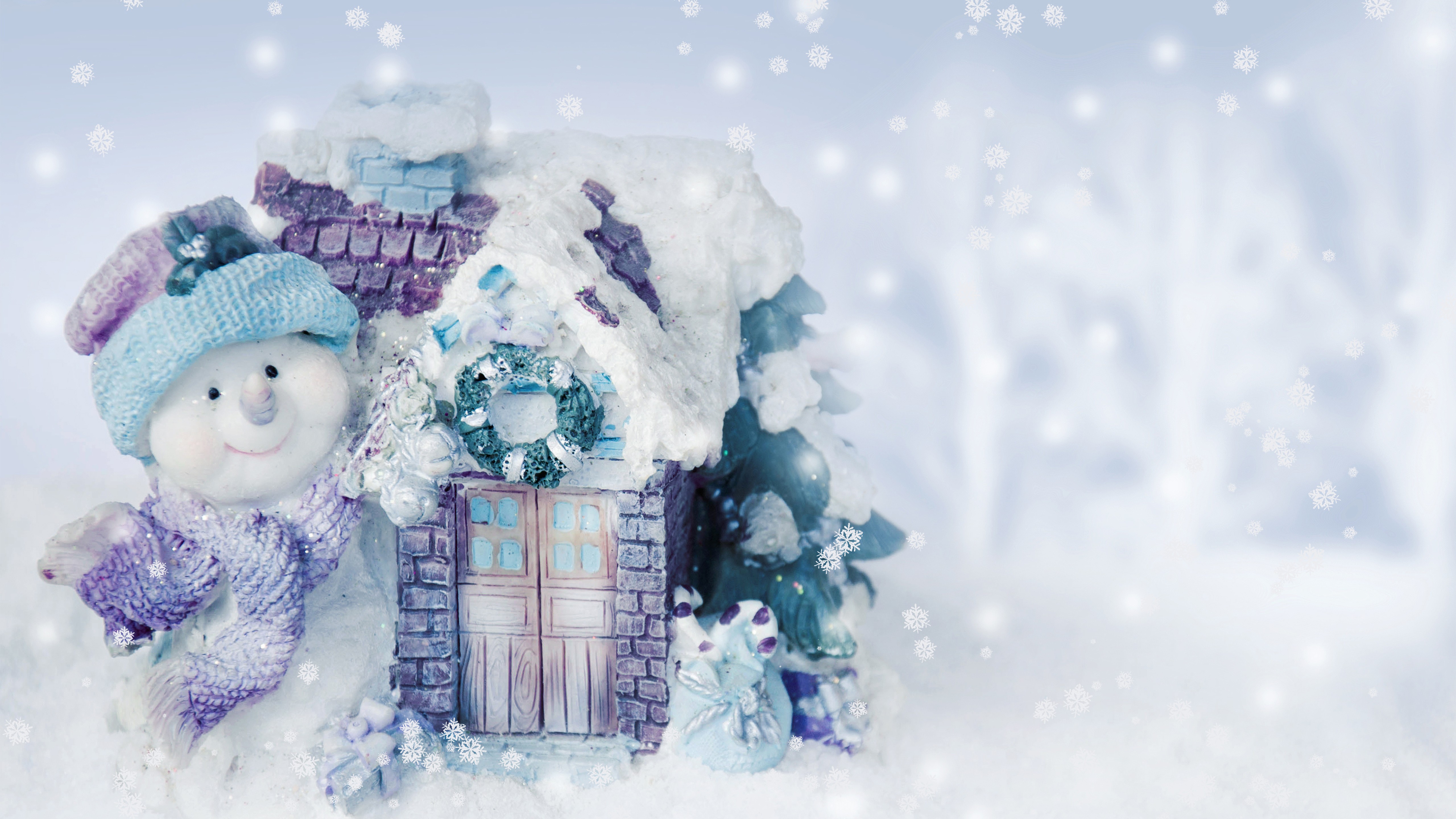 Christmas Cold Decoration House Snow Snowflake Snowman White Winter 4K 5K HD Snowflake Wallpaper
