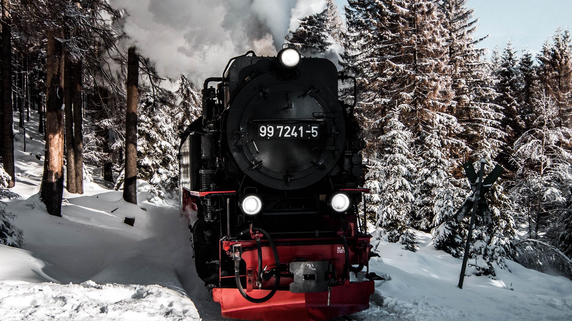 Download wallpaper 1920x1080 locomotive, train, smoke, snow, winter full hd, hdtv, fhd, 1080p HD background
