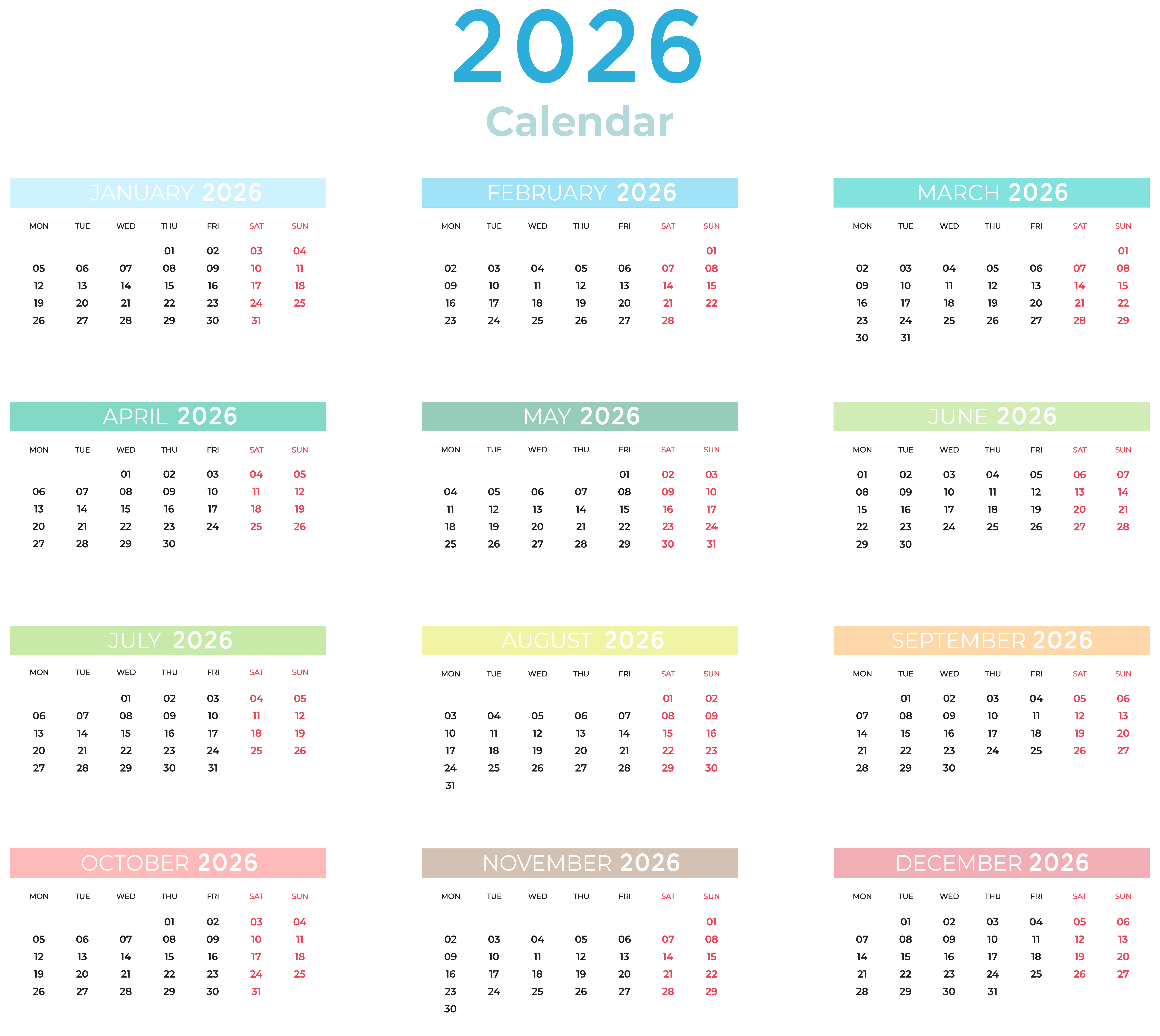 2026 Calendar with Colors Transparent Clipart​-Quality Free Image and Transparent PNG Clipart