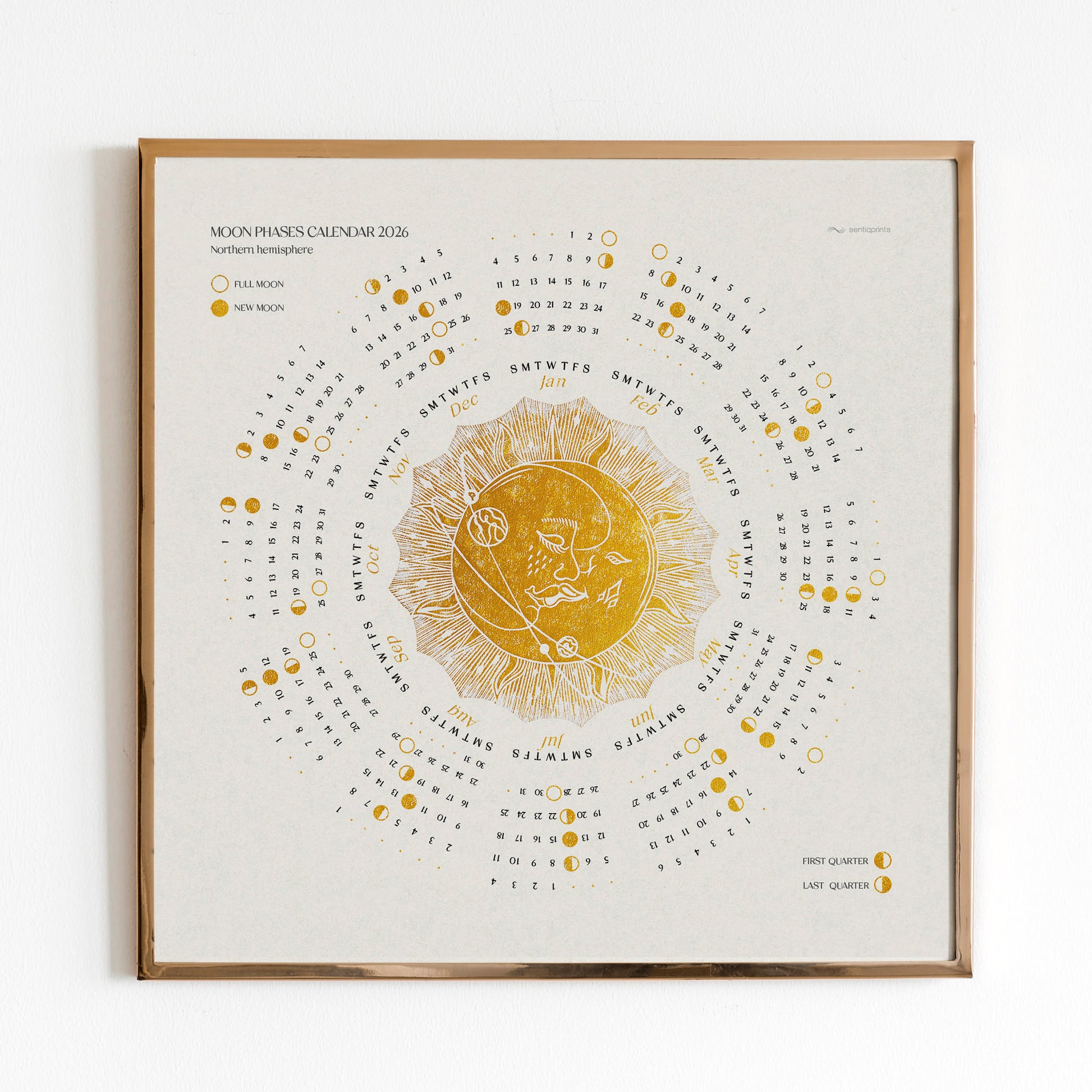 2026 Printable lunar yearly calendar poster Gold kiss of the moon and sun + Desktop iPad wallpaper New Year Christmas gift