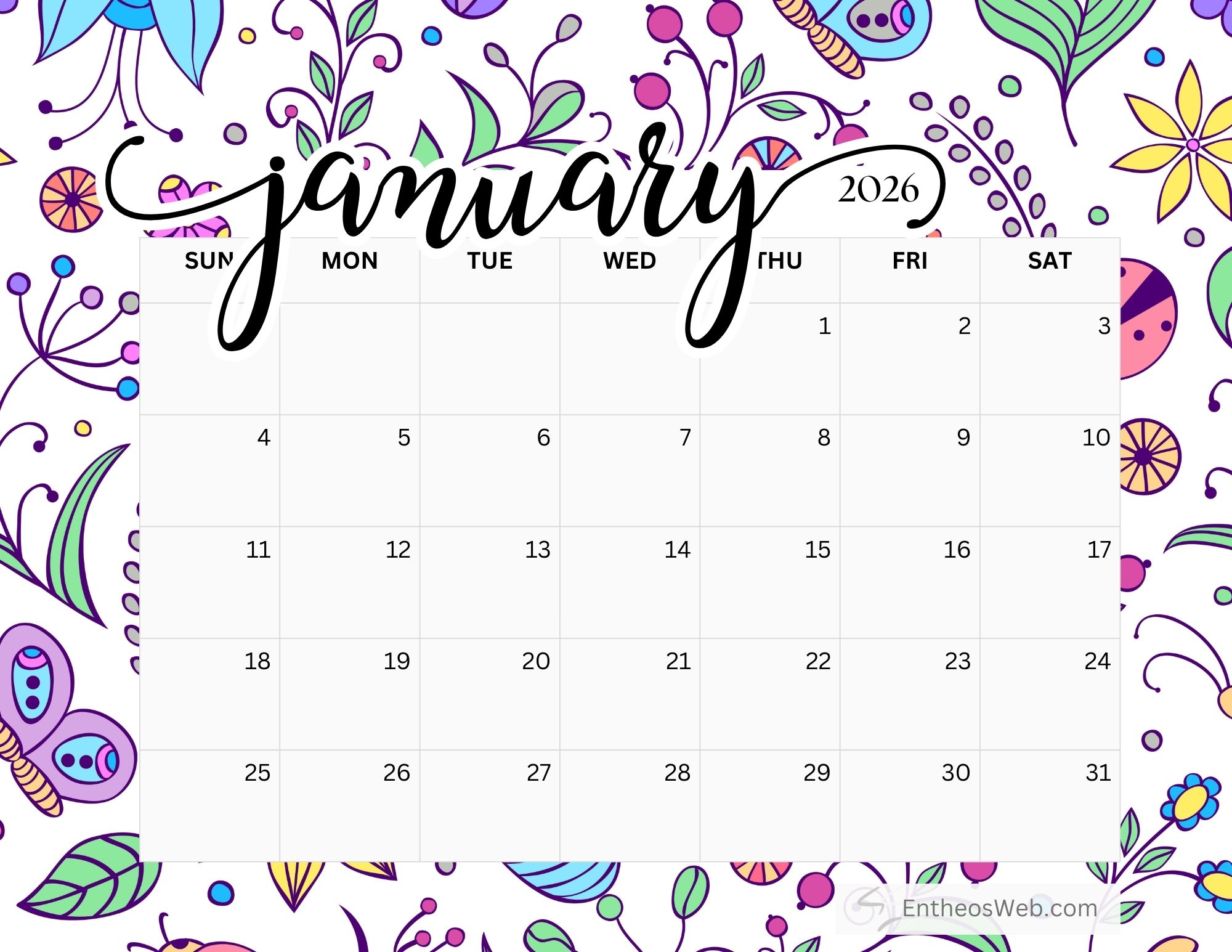Free January 2026 Printable Calendars