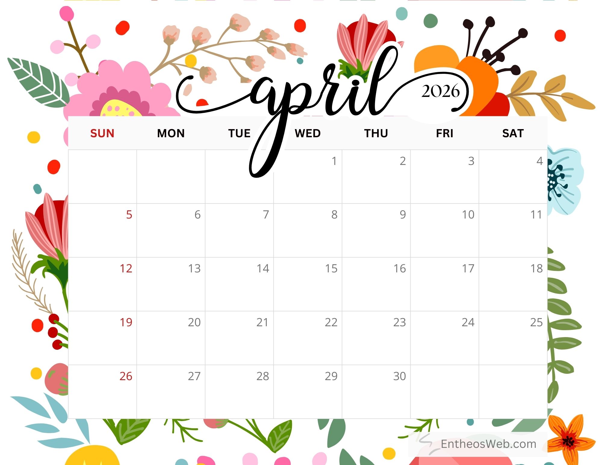 Free April 2026 Printable Calendars