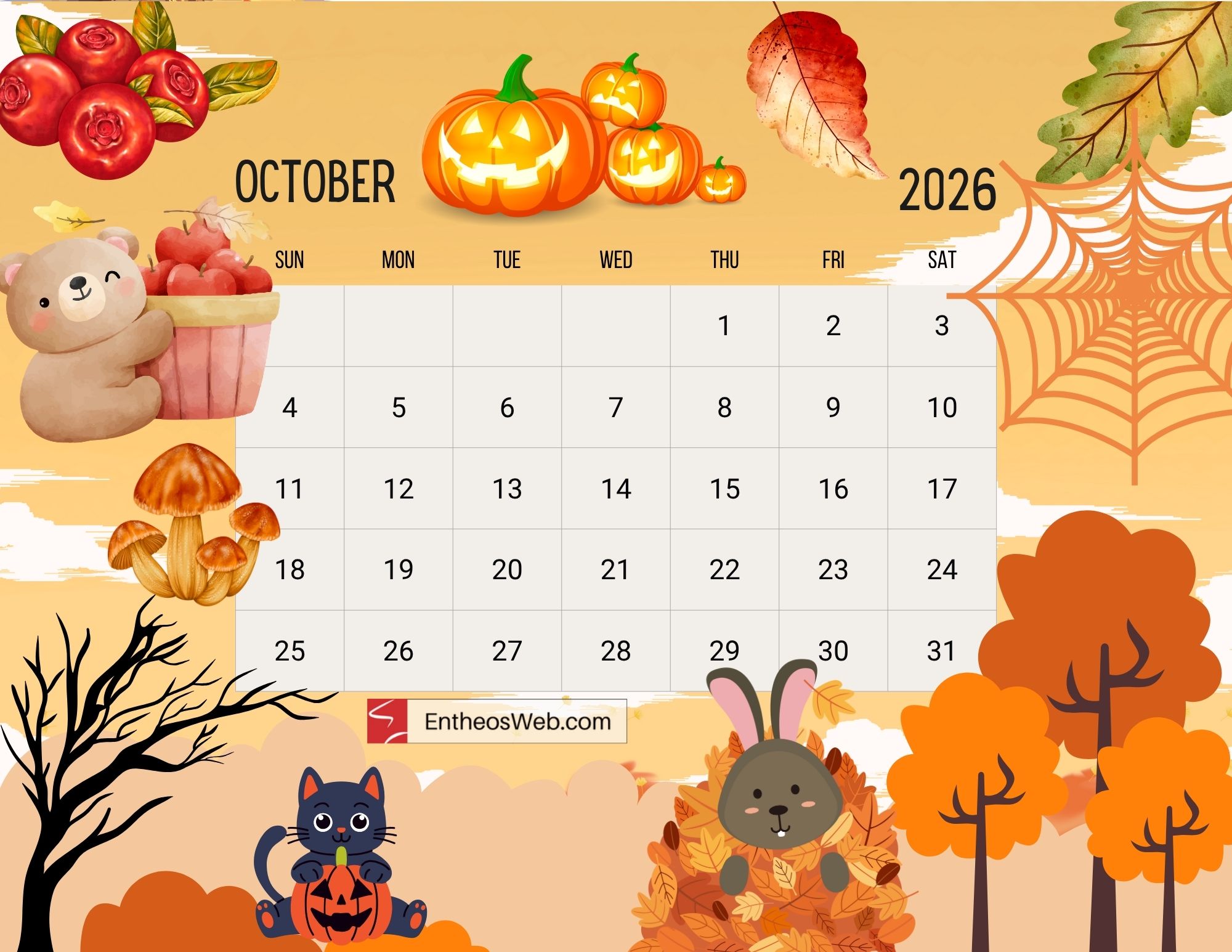 Free Printable October 2026 Calendars