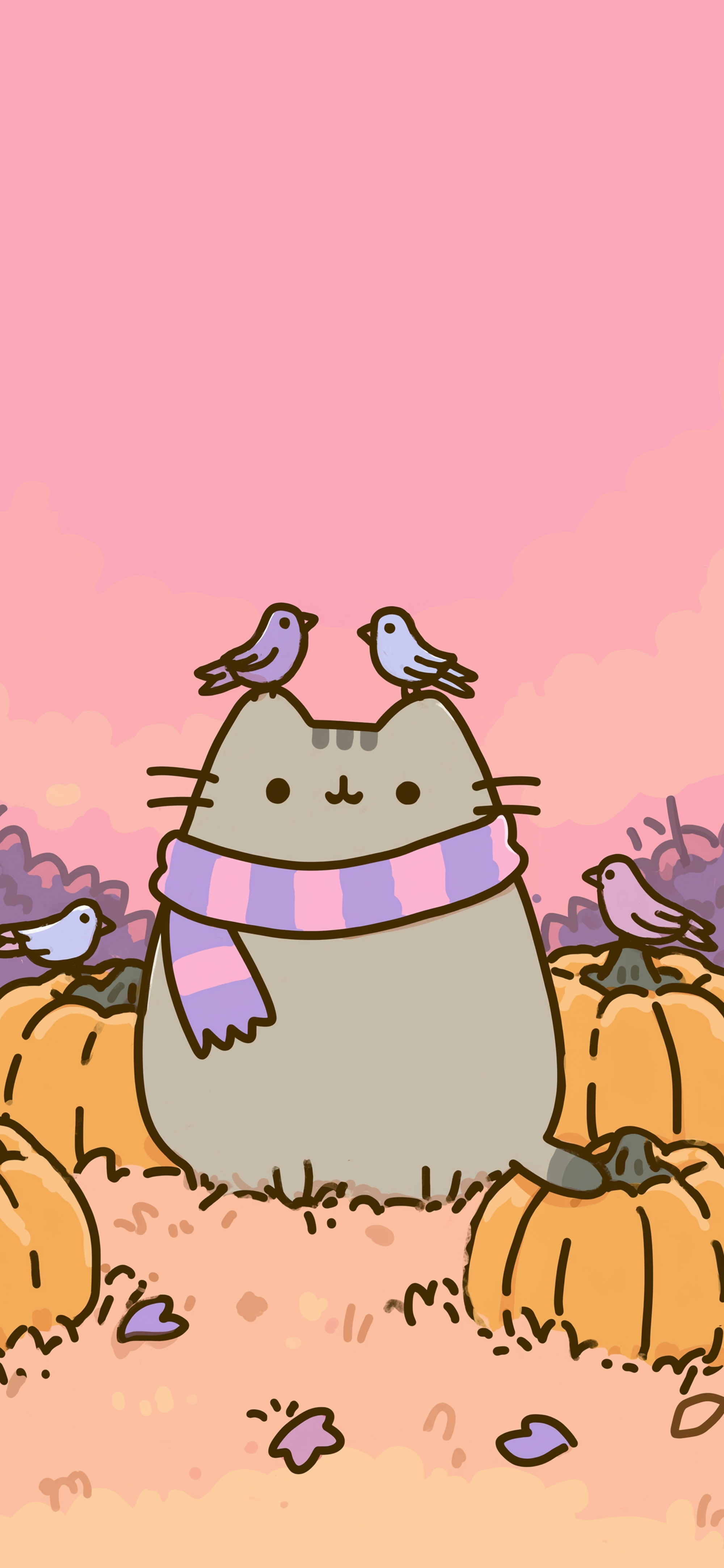 Pusheen Among Pumpkins Cute Autumn Wallpaper