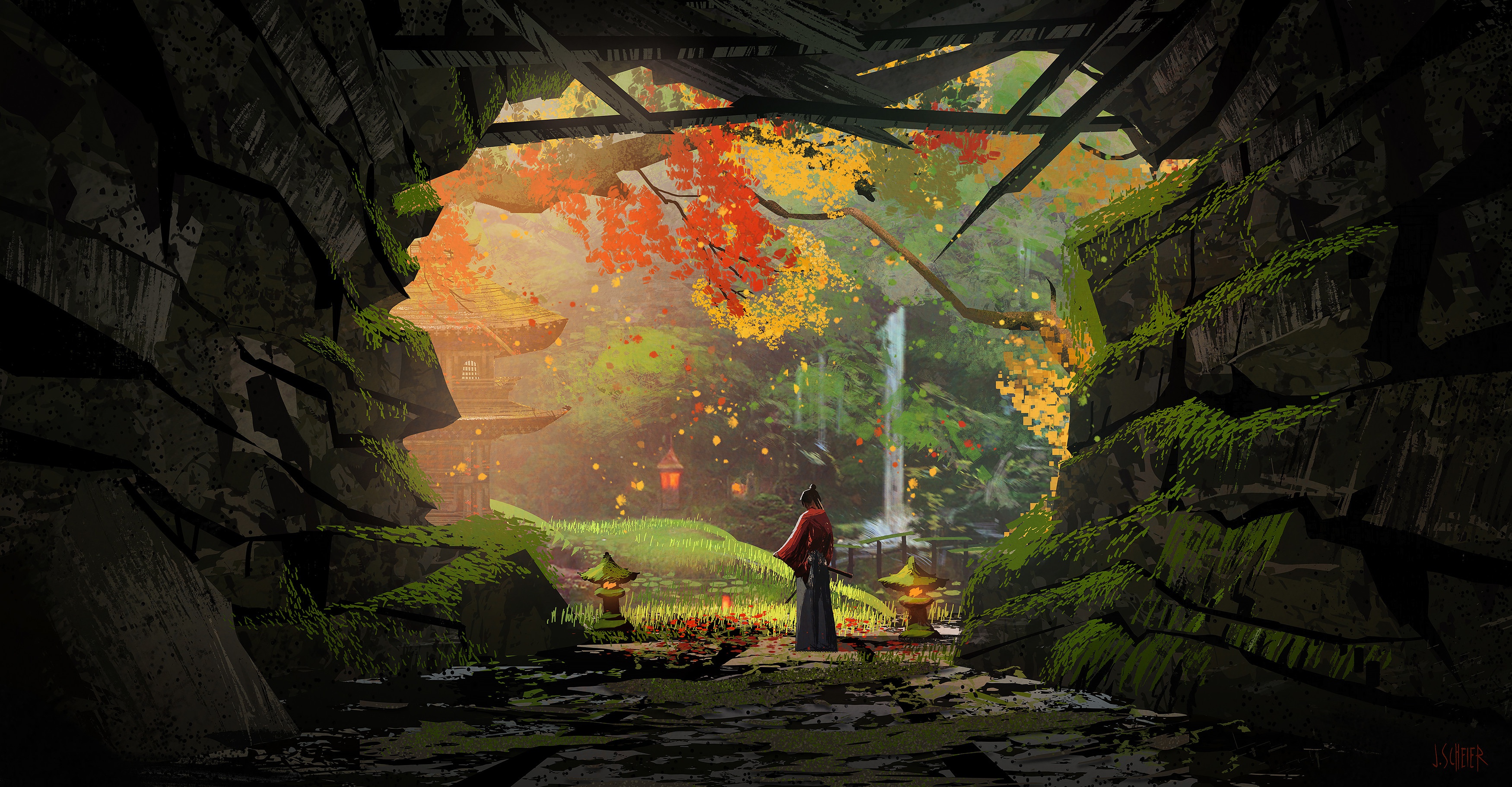 Wallpaper Japan, nature, art, autumn, leafs, waterfall, samurai, cave for mobile and desktop, section живопись, resolution 3500x1823