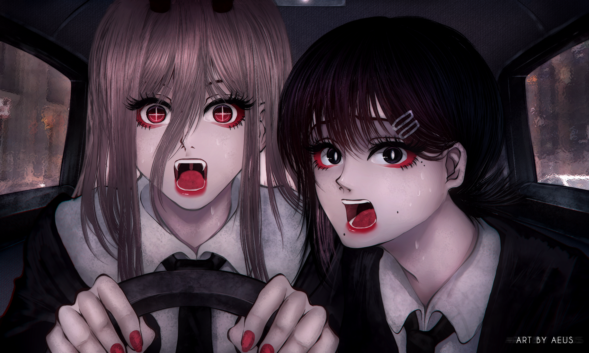 Chainsaw Man HD Wallpaper: Power & Kobeni Unleashed in Anime Night Drive