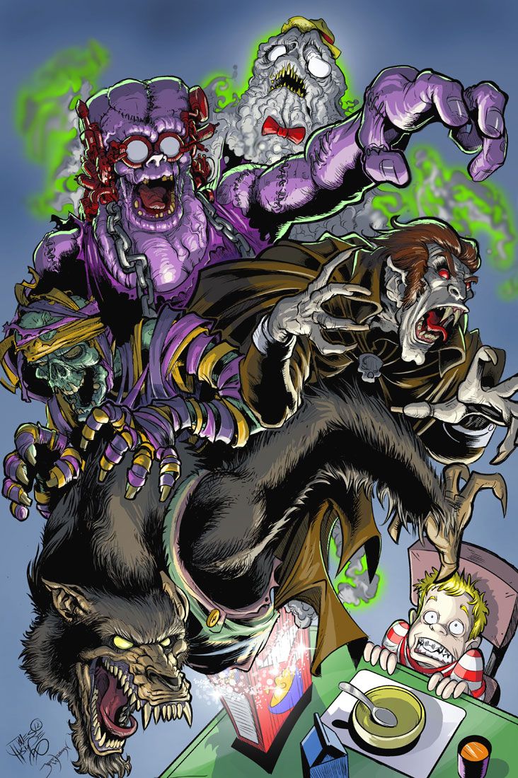 The cereal monsters. Franken berry, Count Chocula, Boo Berry, Fruit Bruit and Yummy Mummy. Awesome colors