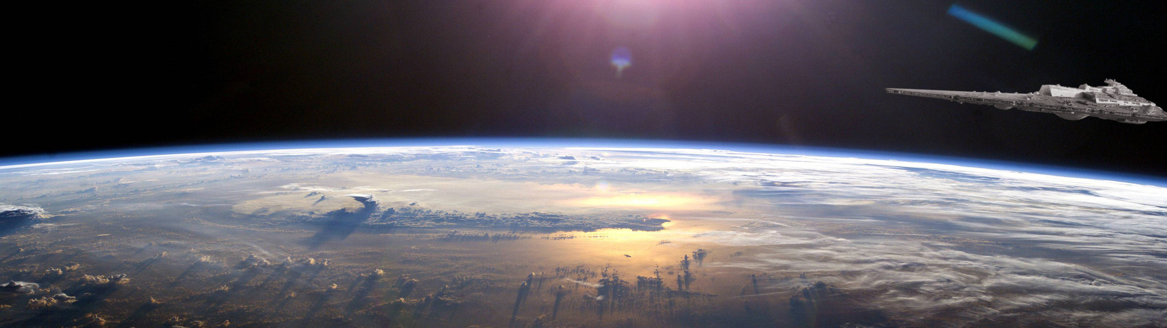 Download Star Wars Dual Screen Battlestar Over Planet Wallpaper