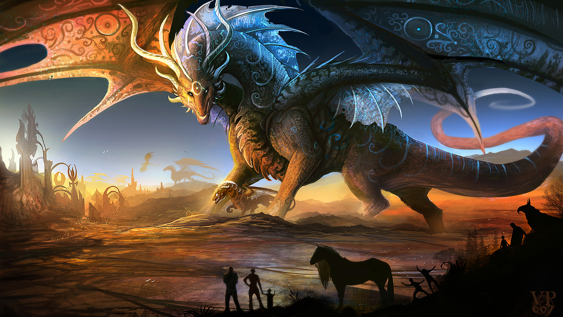 Fantasy Big Dragon Is Standing Near People HD Dreamy Wallpaper