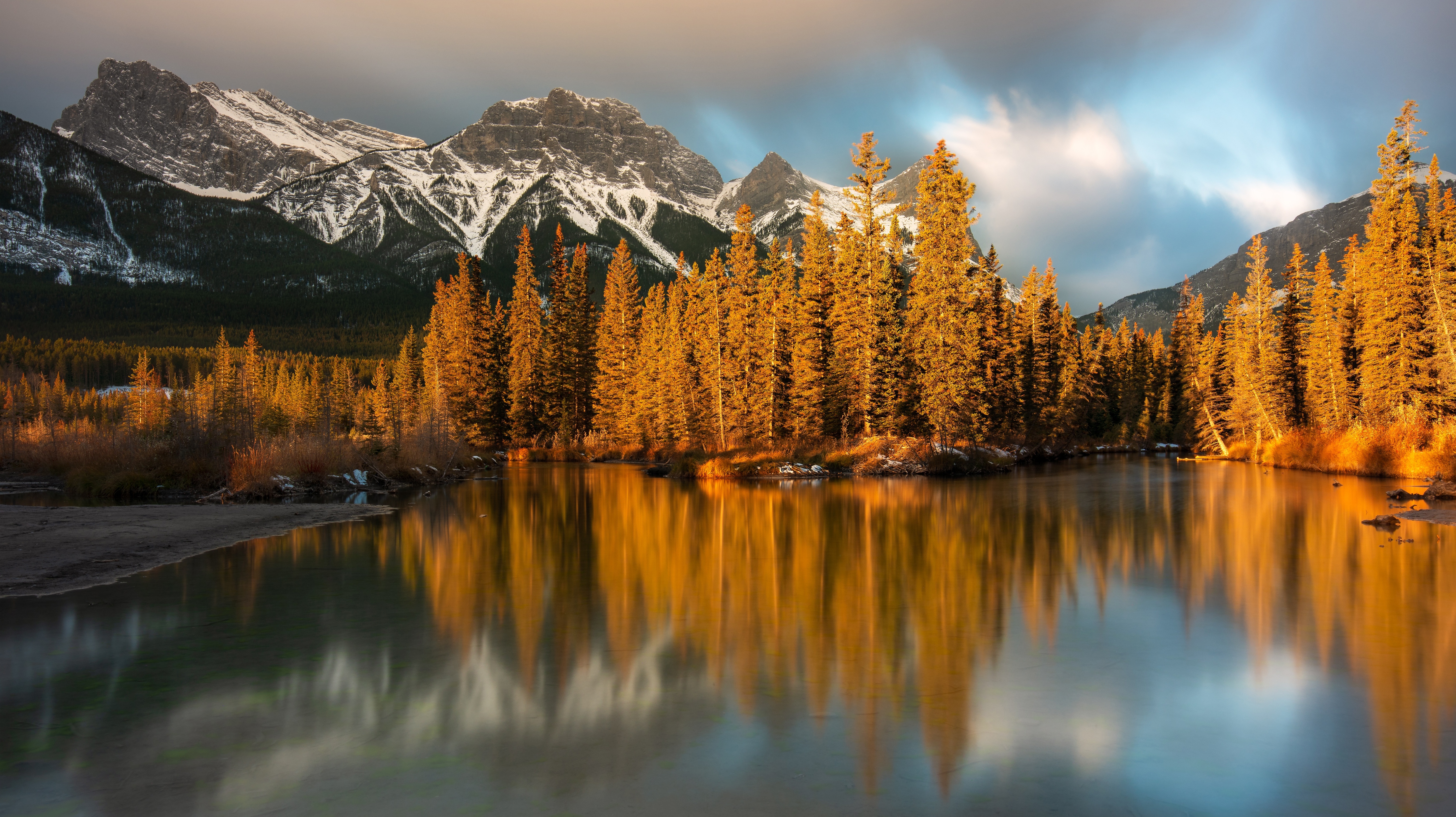 Download Reflection Alberta Canada River Forest Fall Canadian Rockies Nature Mountain 4k Ultra HD Wallpaper