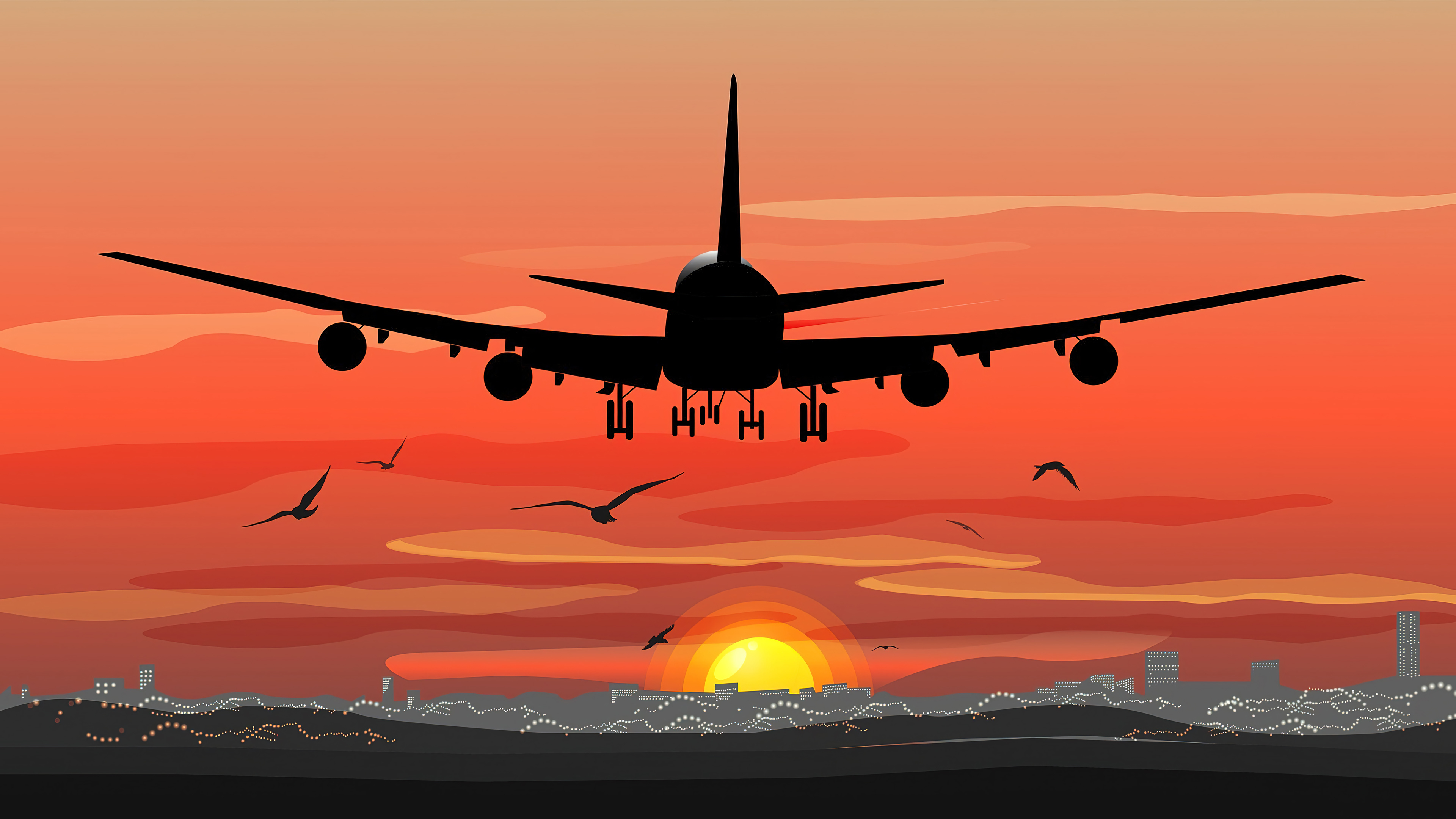 Sunset Airplane Landing Digital Art Wallpaper 4K HD PC g