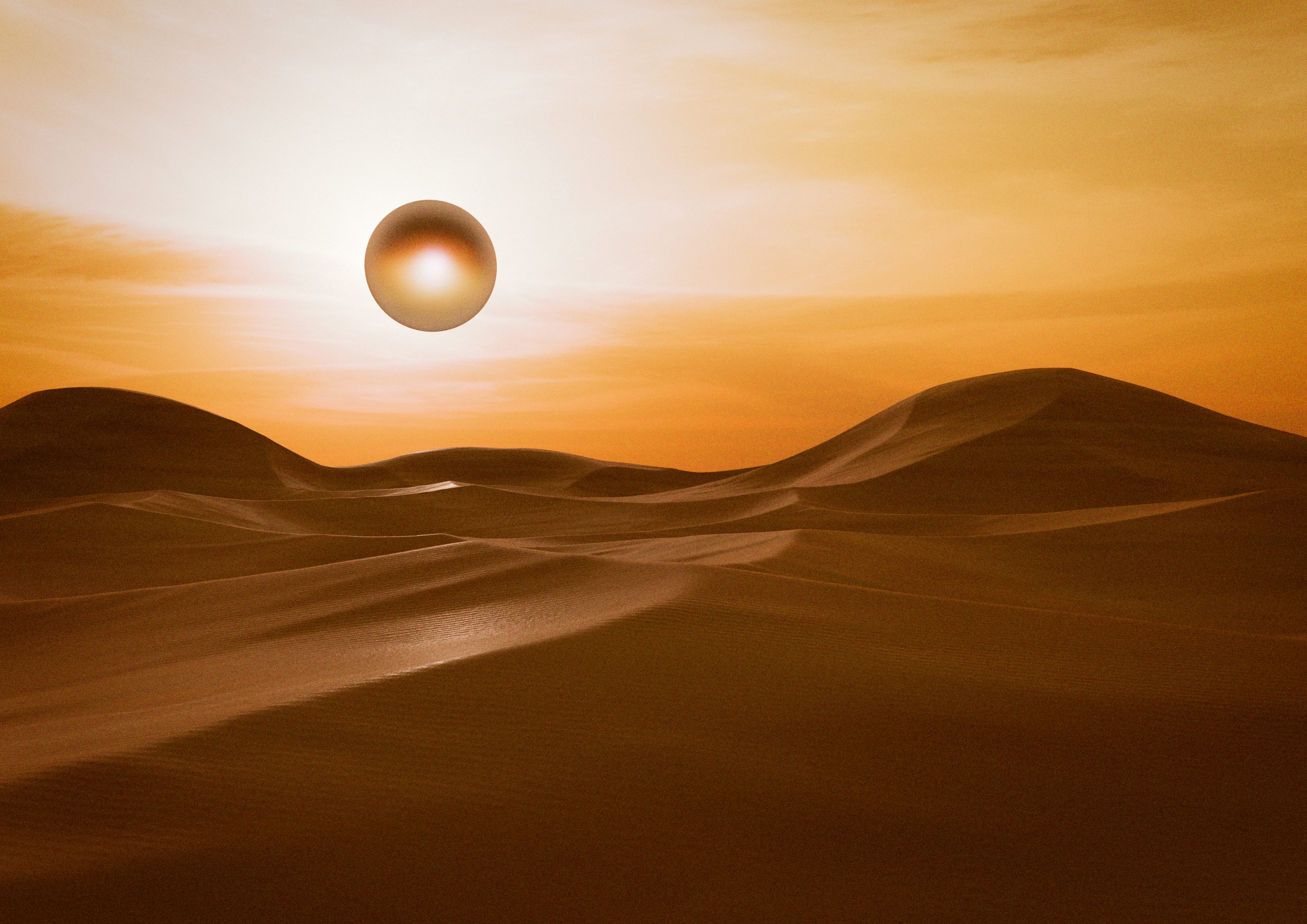 A desert landscape with the sun setting photo
