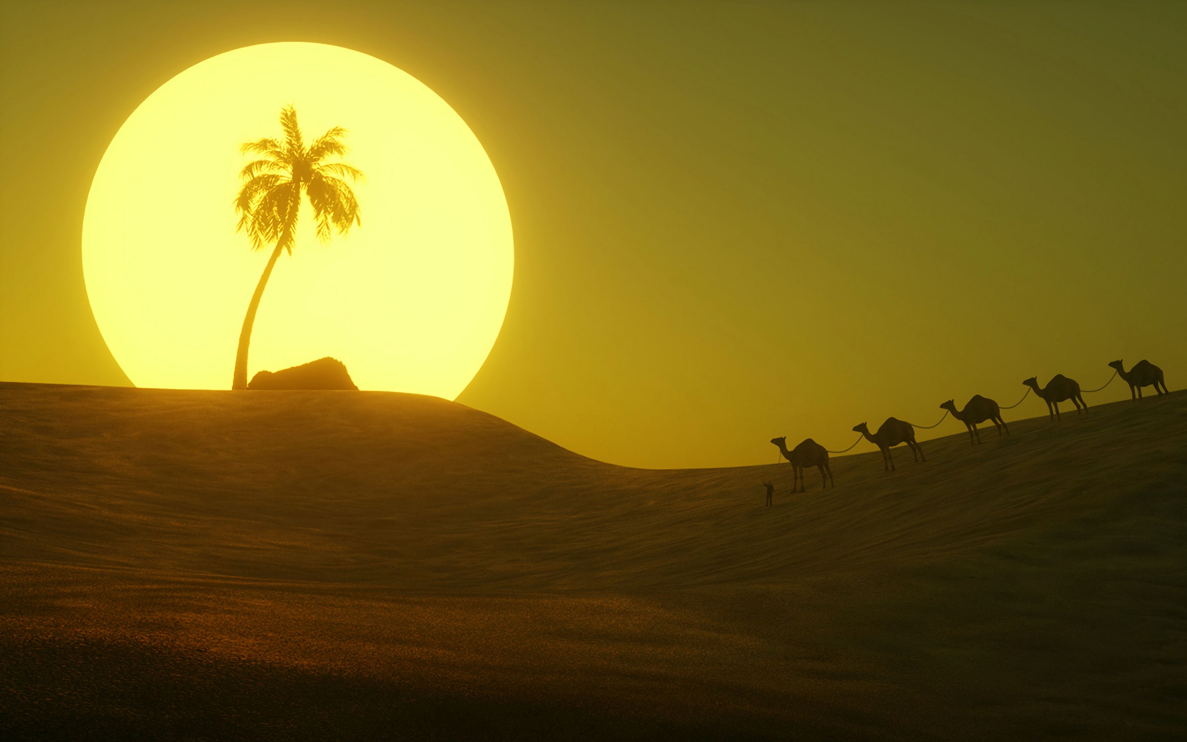 Download wallpaper 3840x2400 desert, sun, palm tree, hill, art 4k ultra HD 16:10 HD background
