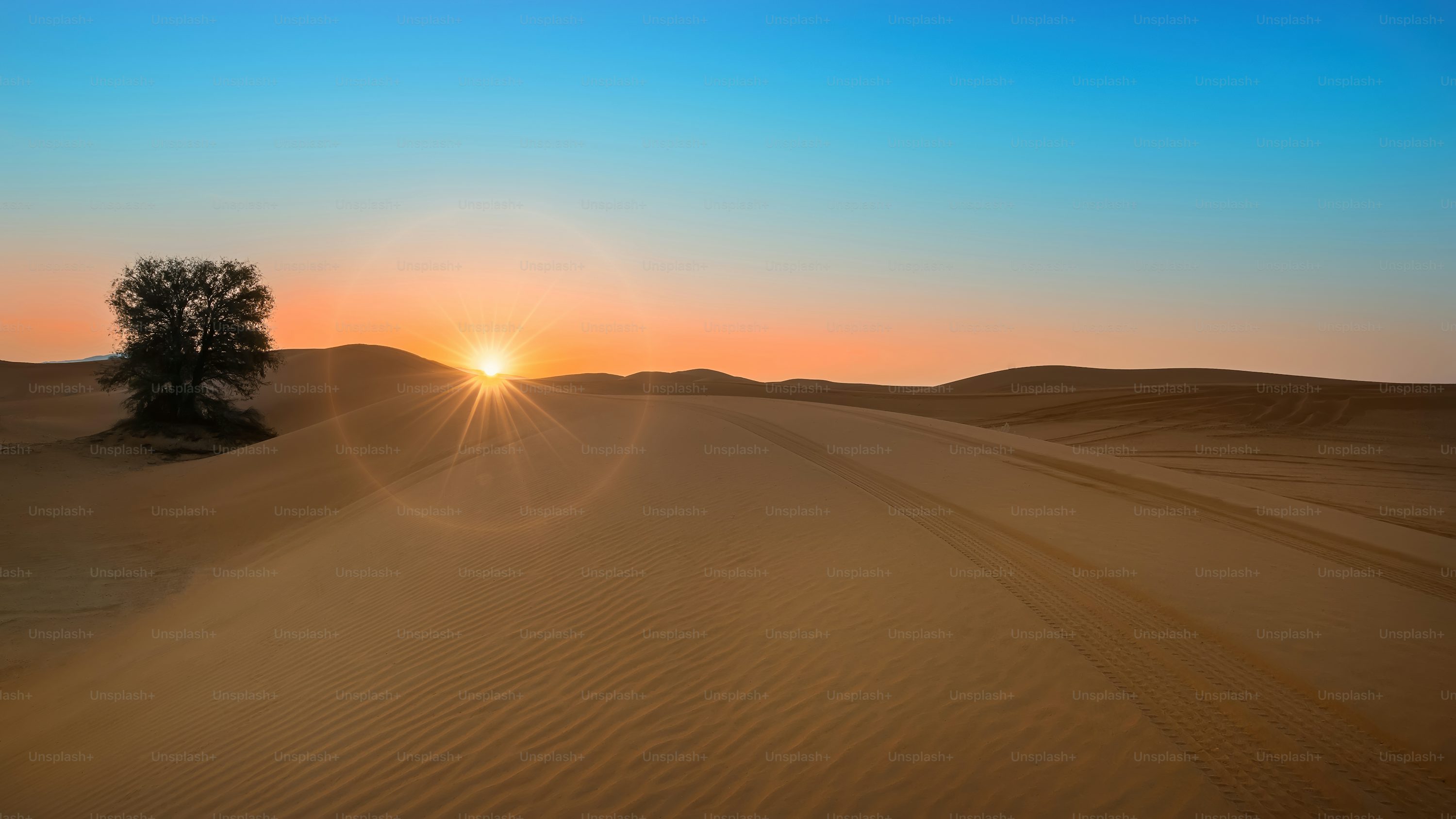 Beautiful Sunrise at desert including sand pattern with sun and shine and ring photo