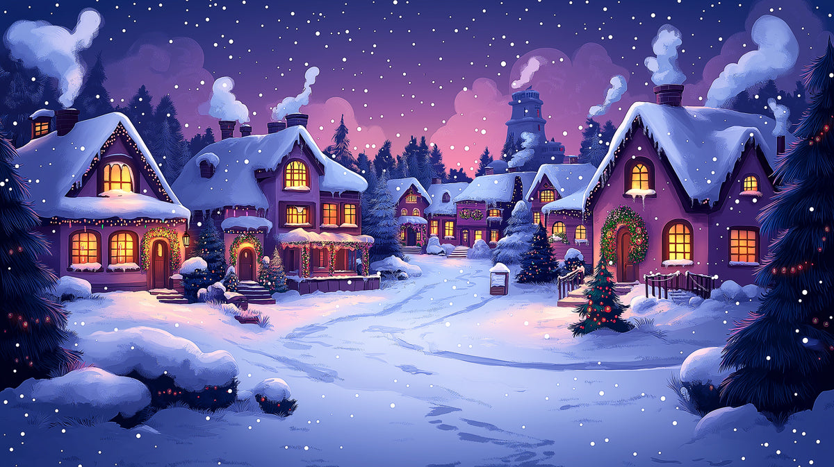 Magical Christmas Village at Night Mural Wallpaper. Cozy Holiday Scene