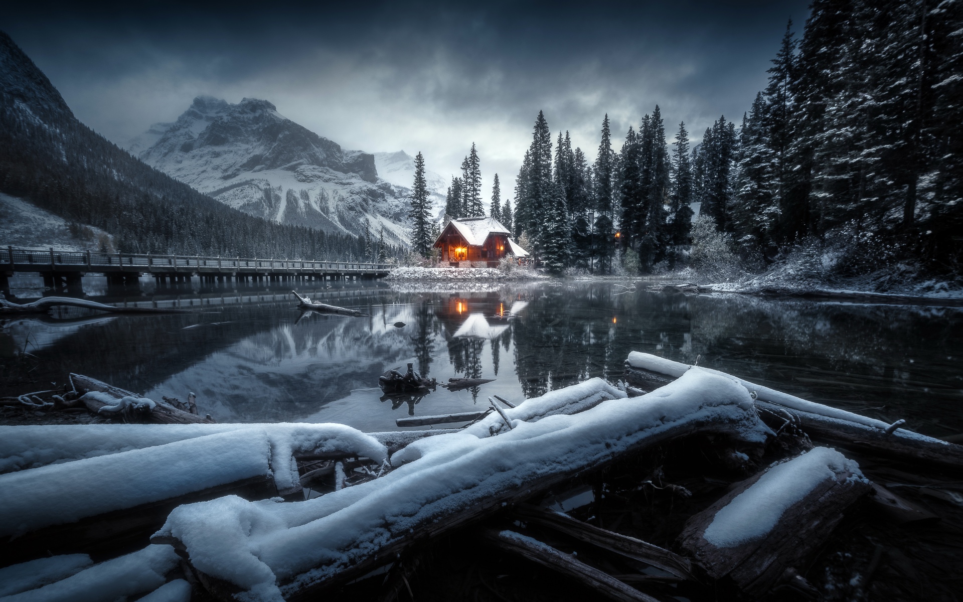 Cozy Wallpaper 4K, Winterscape, Cabin, Snowy Trees