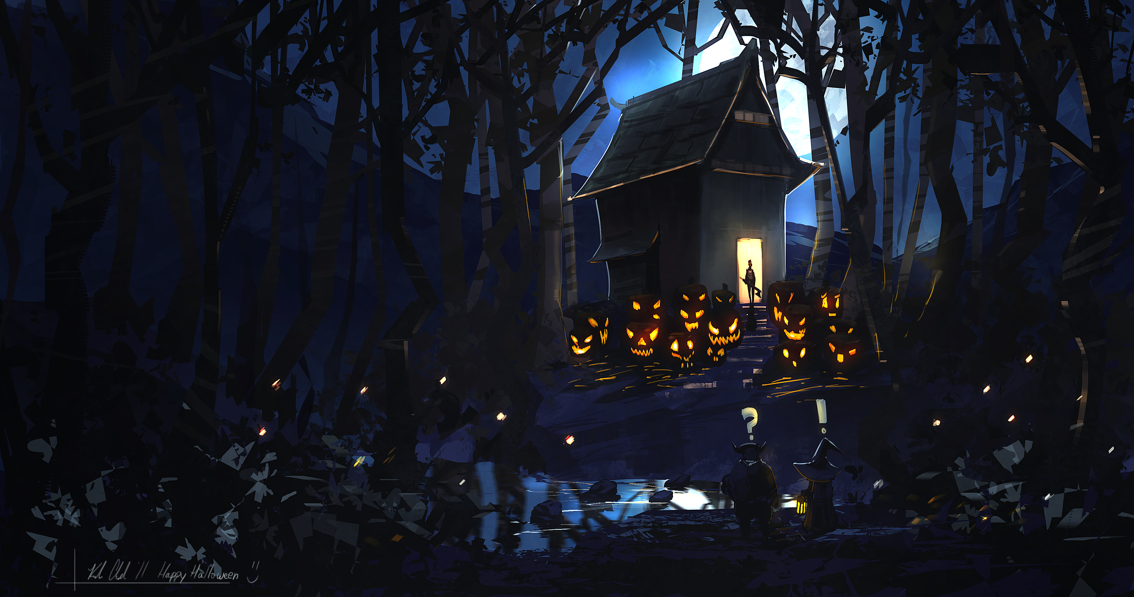 Phone wallpaper: Holiday, Halloween, Forest, House, Jack O' Lantern, Night, Tree 779111