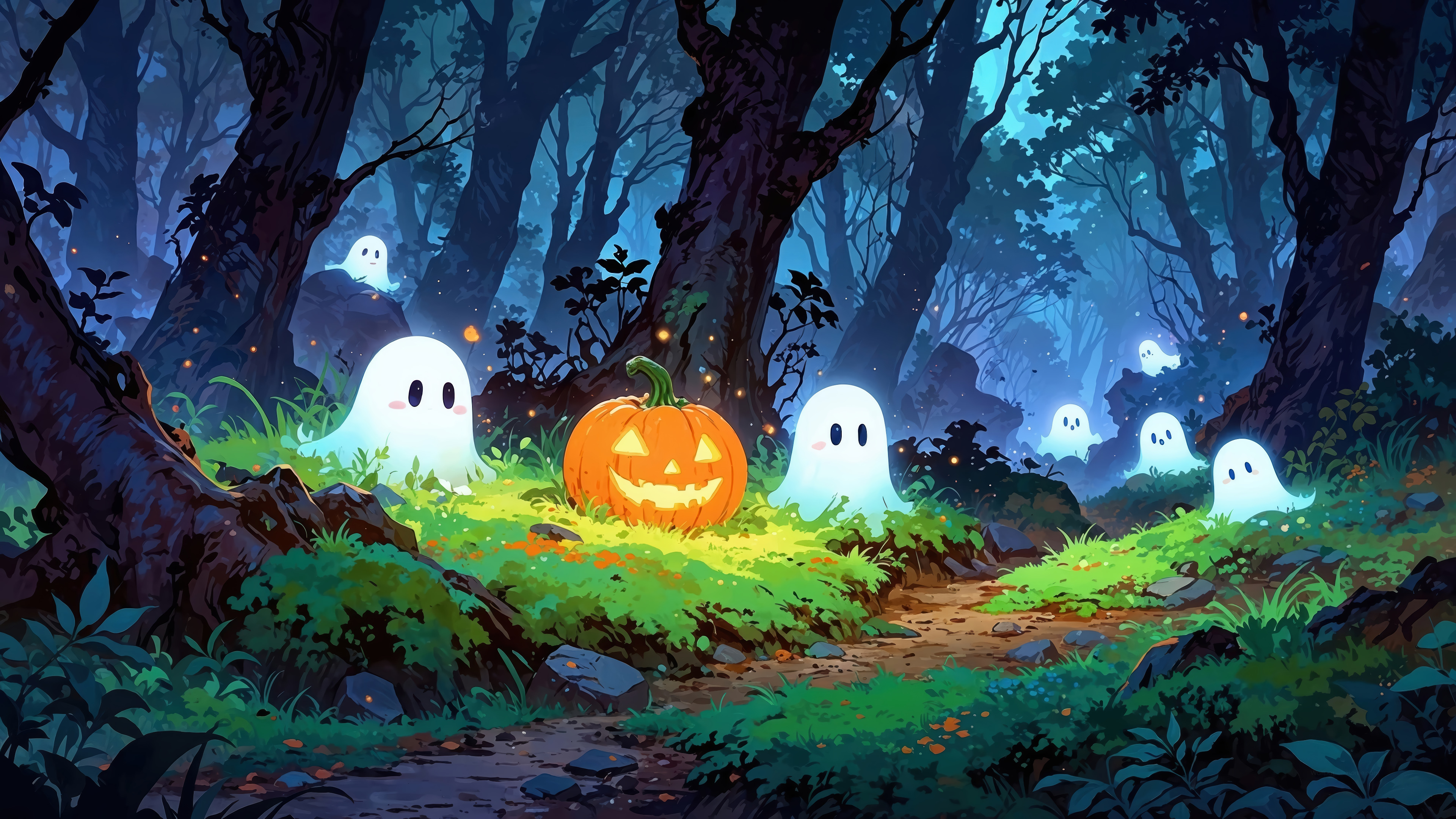 Halloween Ghost Pumpkin Forest Wallpaper 4K HD PC i