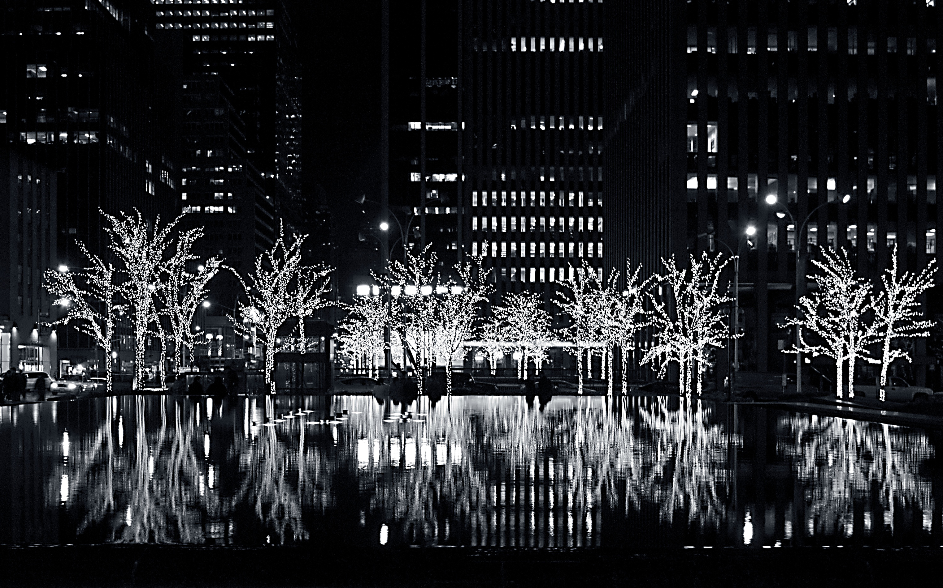 Free Image, water, winter, light, black and white, skyline, night, cityscape, reflection, nyc, darkness, sparkle, trees, lights, elements, newyork, sony, tamron, break, therock, aperture, midnight, weekend, 2010, rockefellercenter, metropolis, 1024mm