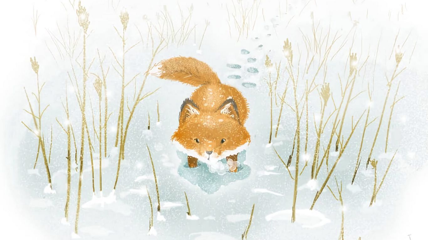 Download wallpaper 1366x768 fox, snow, winter, art tablet, laptop HD background