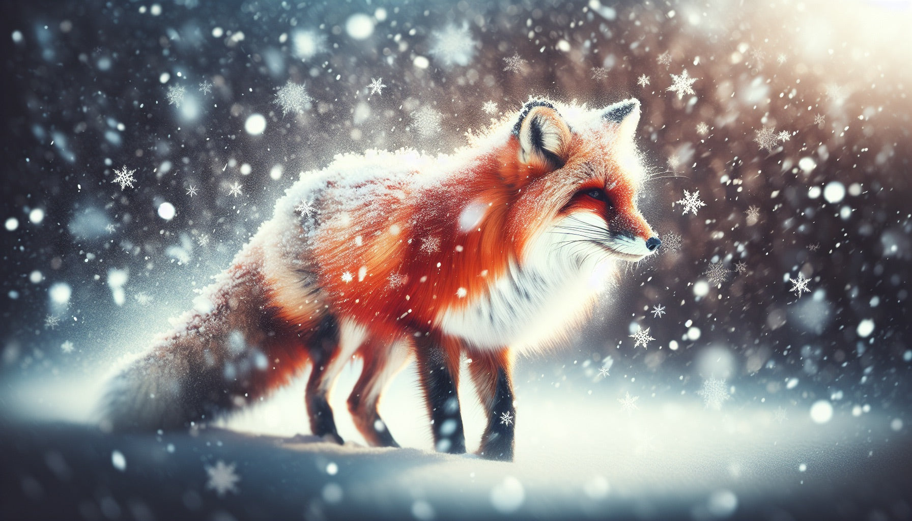 Fox Mural Wallpaper. Snowflakes and Red Fox