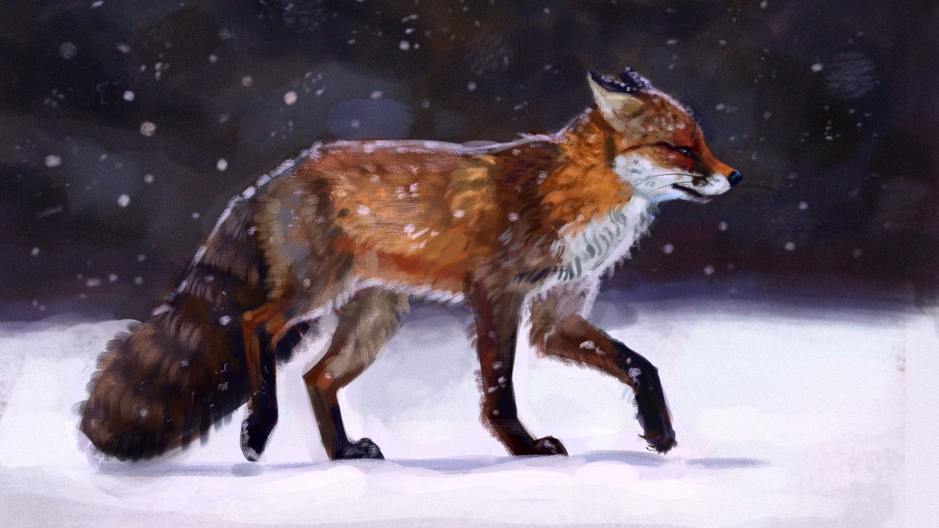 Download wallpaper 1366x768 fox, snow, winter, animal, art tablet, laptop HD background