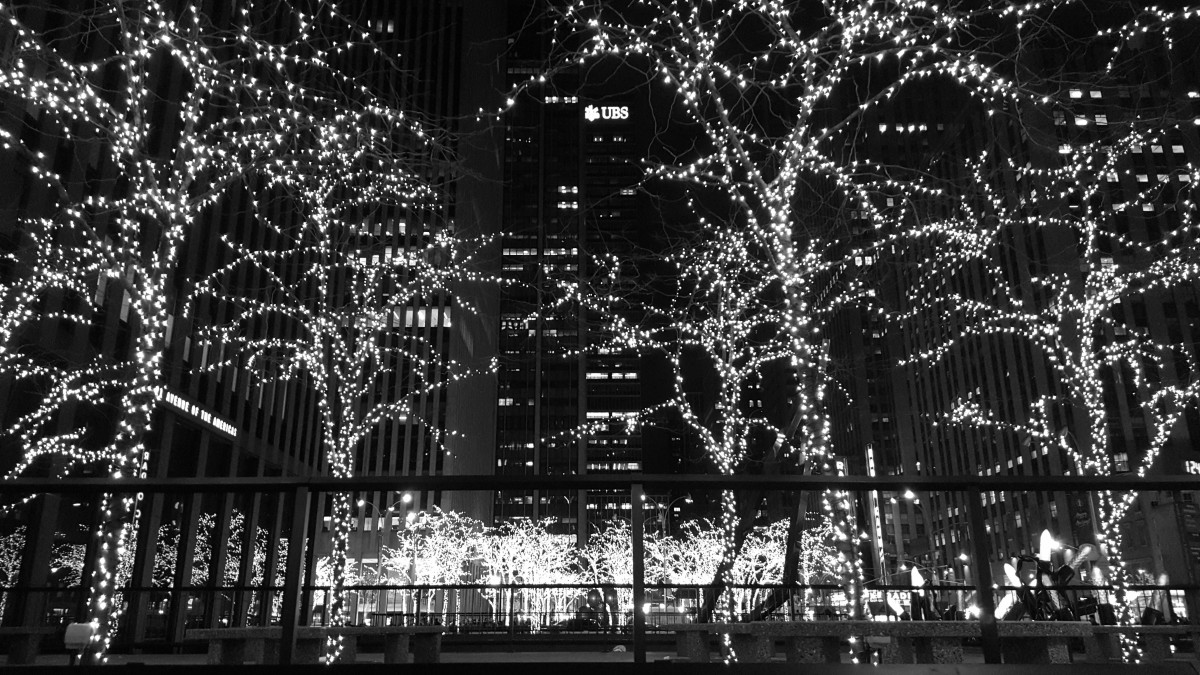 Free Image, winter, light, black and white, architecture, skyline, night, flower, building, city, urban, manhattan, cityscape, nyc, usa, america, holiday, landmark, darkness, lighting, trees, central, symmetry, new, york, xmas, midtown, christmas
