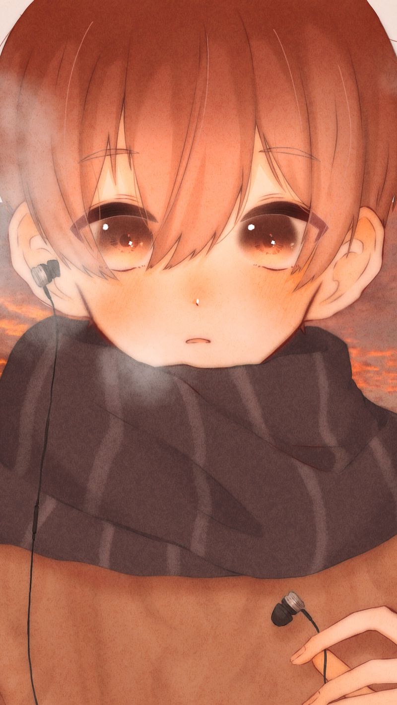 Download Wallpaper 800x1420 Guy, Scarf, Headphones, Music, Autumn, Anime Iphone Se 5s 5c 5 For Parallax HD Background