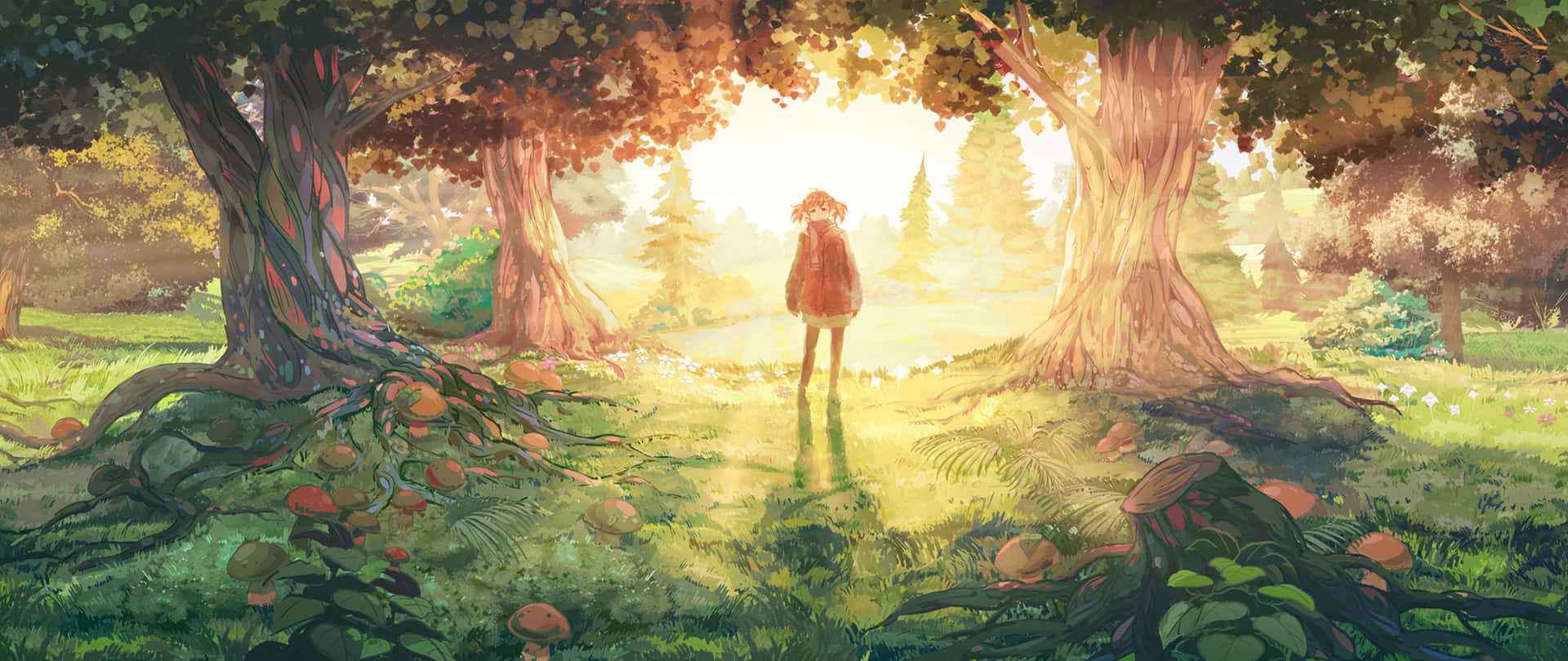 Download Dual Monitor Anime Girl Forest Wallpaper