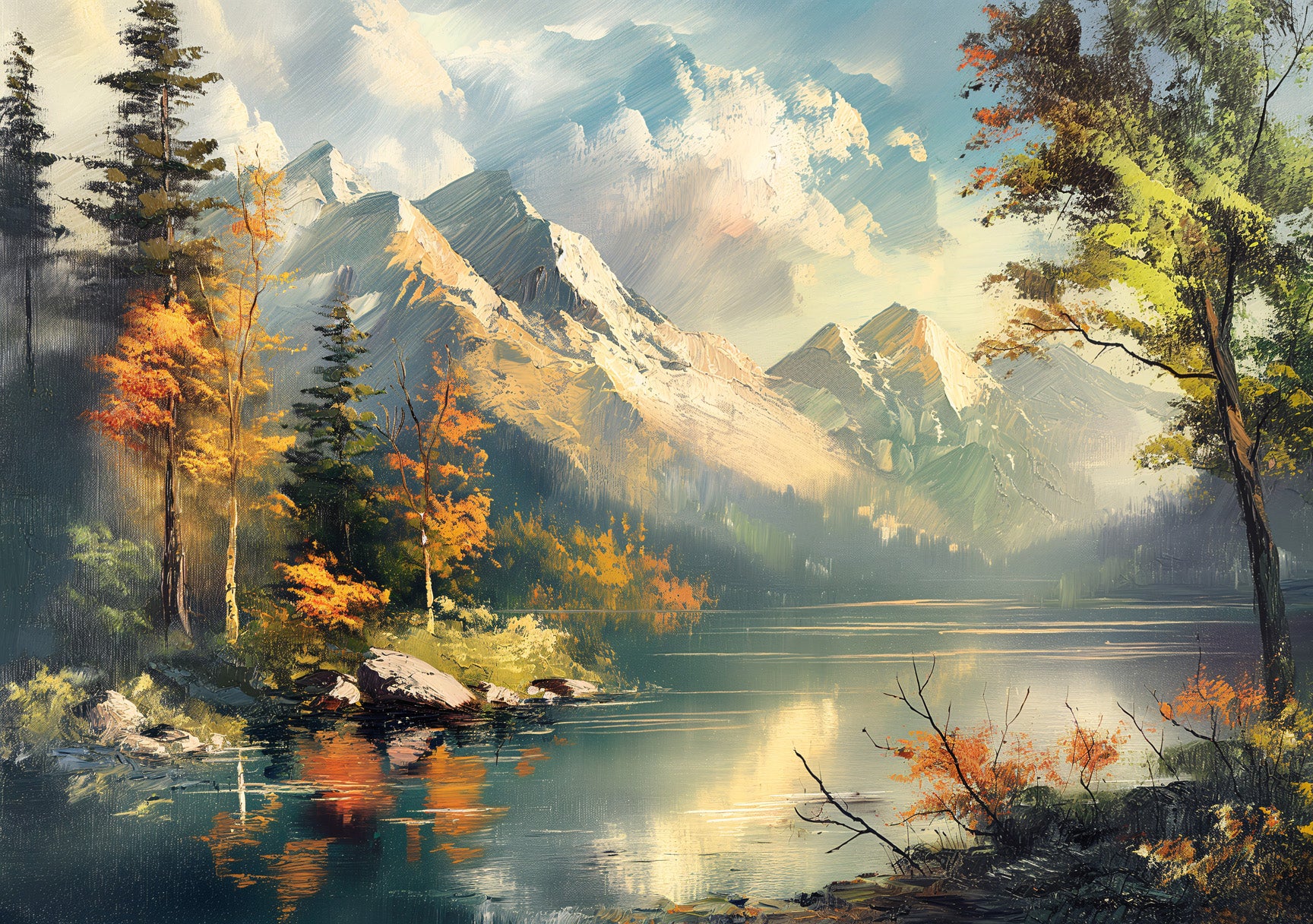 Autumn Mountain Lake Digital Art Poster Landscape Painting Printable Wall Art