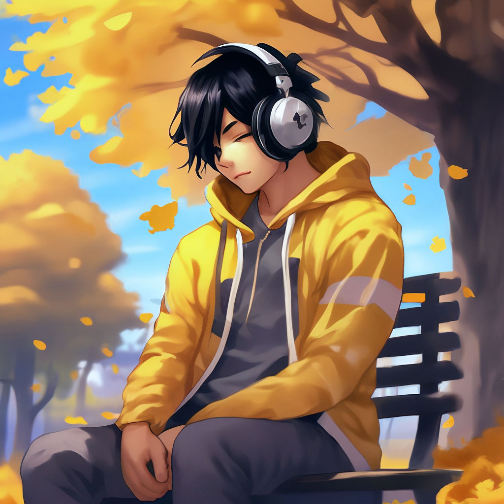Guy.anime. sitting on a bench with his eyes closed. a couple of autumn
