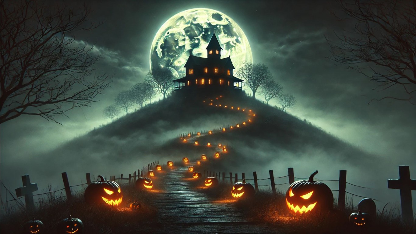 mysterious Halloween wallpaper featuring a haunted house perched on a hill, surrounded by dense fog. The path leading up to the house is lined with pumpkins HD halloween Wallpaper. HD Wallpaper