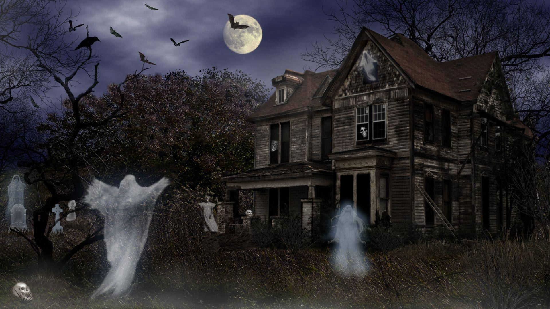 Download A Mysterious And Spooky Haunted House On Halloween Night. Wallpaper