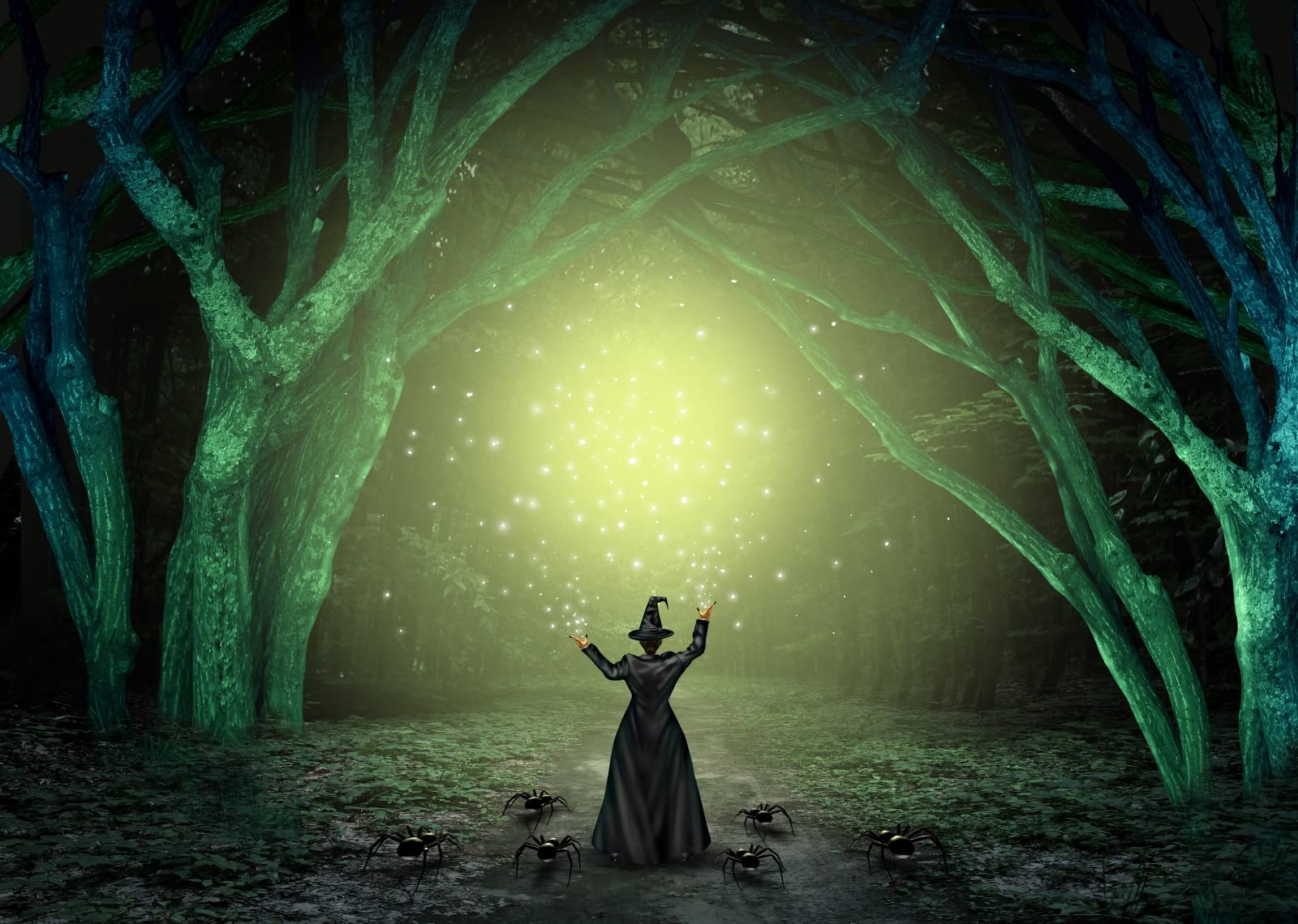 Amazon.com, BELECO 6x4ft Fabric Magical Witch Backdrop Scary Dark Mysterious Forest Evil Sorcerer Sparkling Green Glow Halloween Background for Themed Party Decorations Birthday Photohoot Photo Booth Props