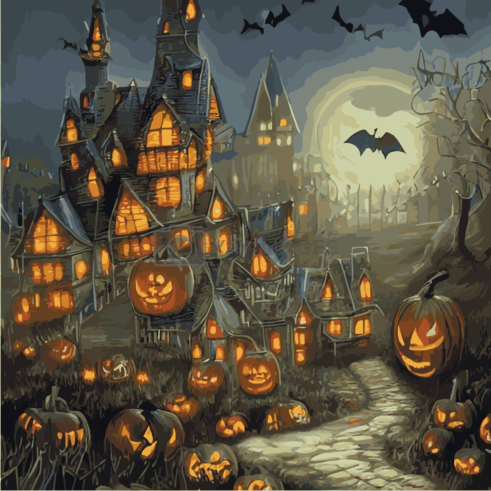 Halloween poster background. Halloween illustration mysterious night landscape with castle full moon, pumpkins, trees by kasynets_olena Vectors & Illustrations with Unlimited Downloads
